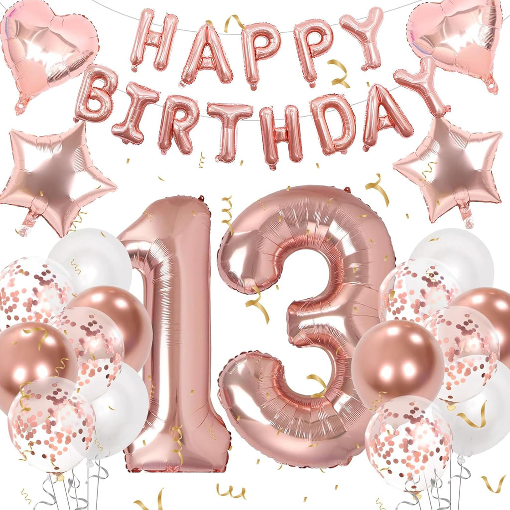 13Th Birthday Decorations for Girls, Rose Gold 13Th Birthday Decorations, Rose Gold 32 Inch Number 13 Foil Balloon with Banner, Star Confetti Balloon for 13 Party Deko