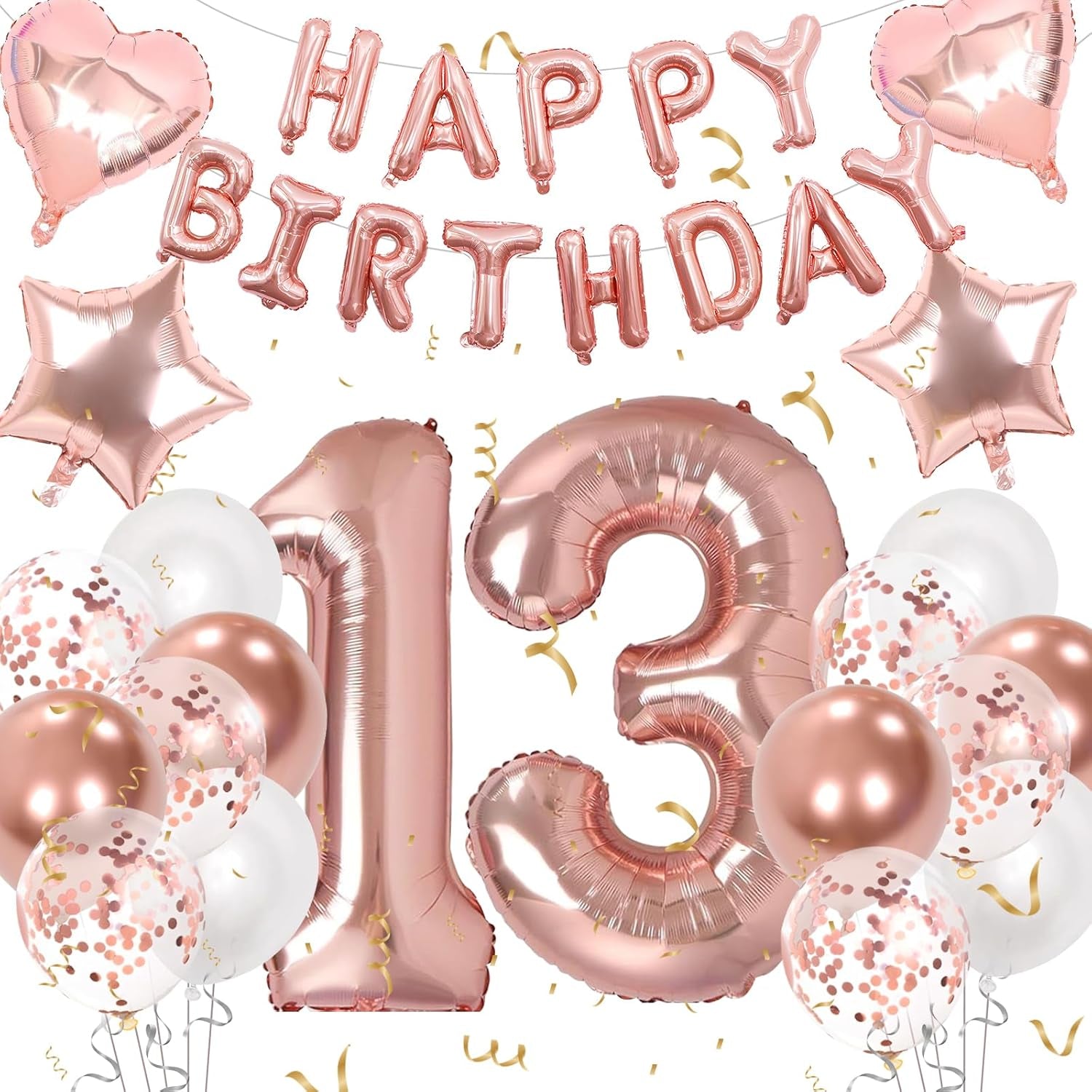 13Th Birthday Decorations for Girls, Rose Gold 13Th Birthday Decorations, Rose Gold 32 Inch Number 13 Foil Balloon with Banner, Star Confetti Balloon for 13 Party Deko