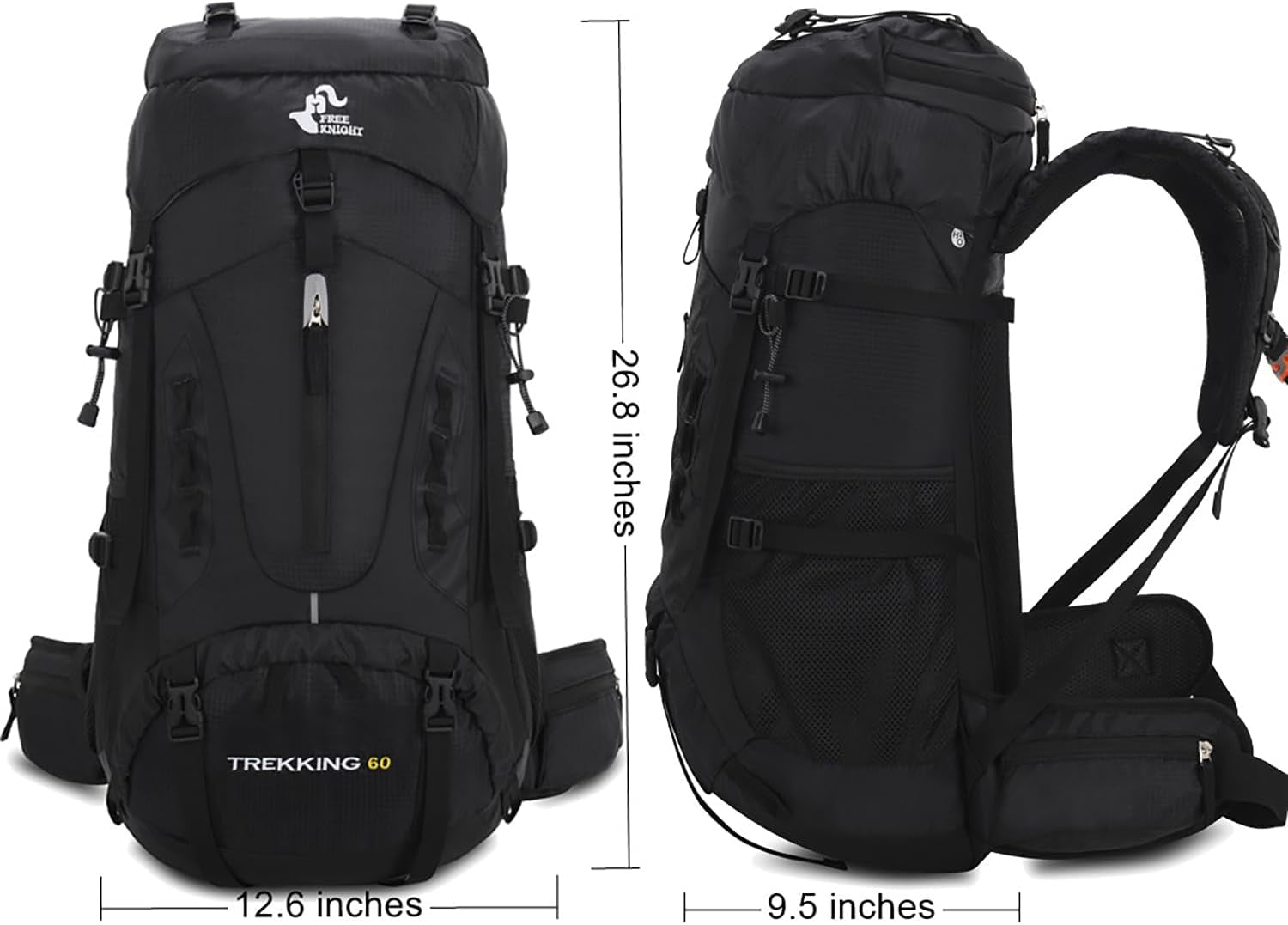 60L Hiking Camping Backpack with Rain Cover, Waterproof Large Capacity Outdoor Sport Travel Daypack Climbing Touring (Black)