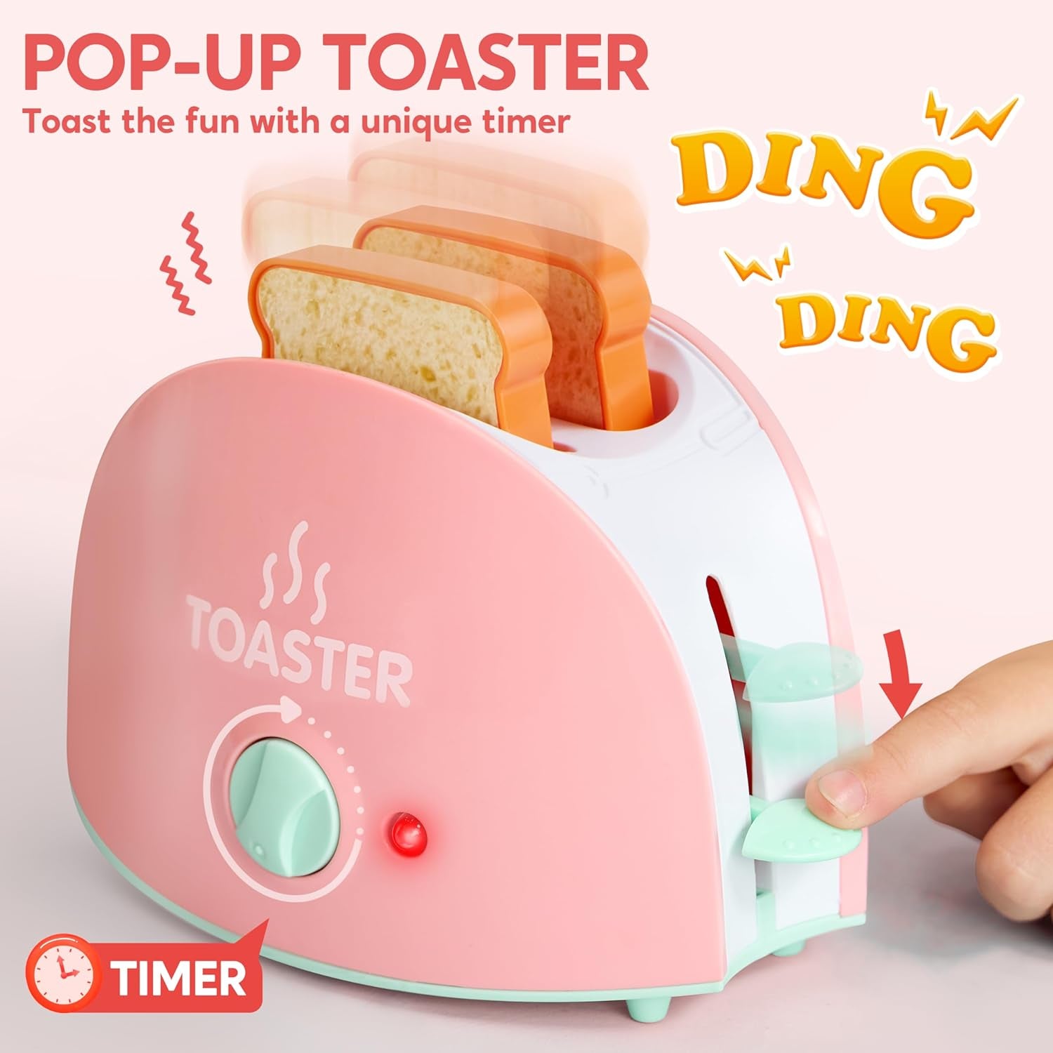 Play Kitchen Toys, Pretend Play Food Kitchen Accessories Girlstoy with Coffee Maker, Mixer, Toaster with Realistic Lights& Sounds, Birthday Gift for Kids Ages 2 3 4 5, Pink