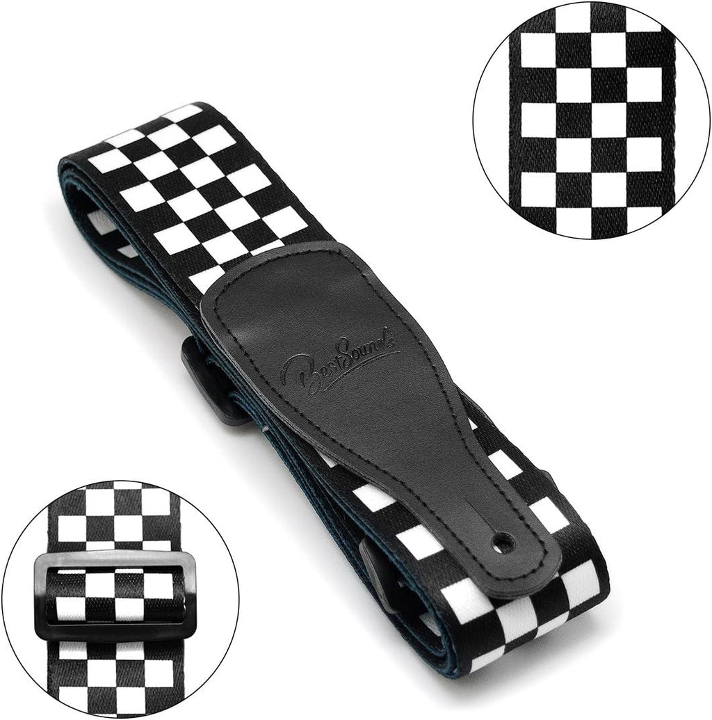 Checkerboard Guitar Strap & Leather Ends Guitar Shoulder Strap, Suitable for Bass, Electric & Acoustic Guitars (Black and White Checkered)