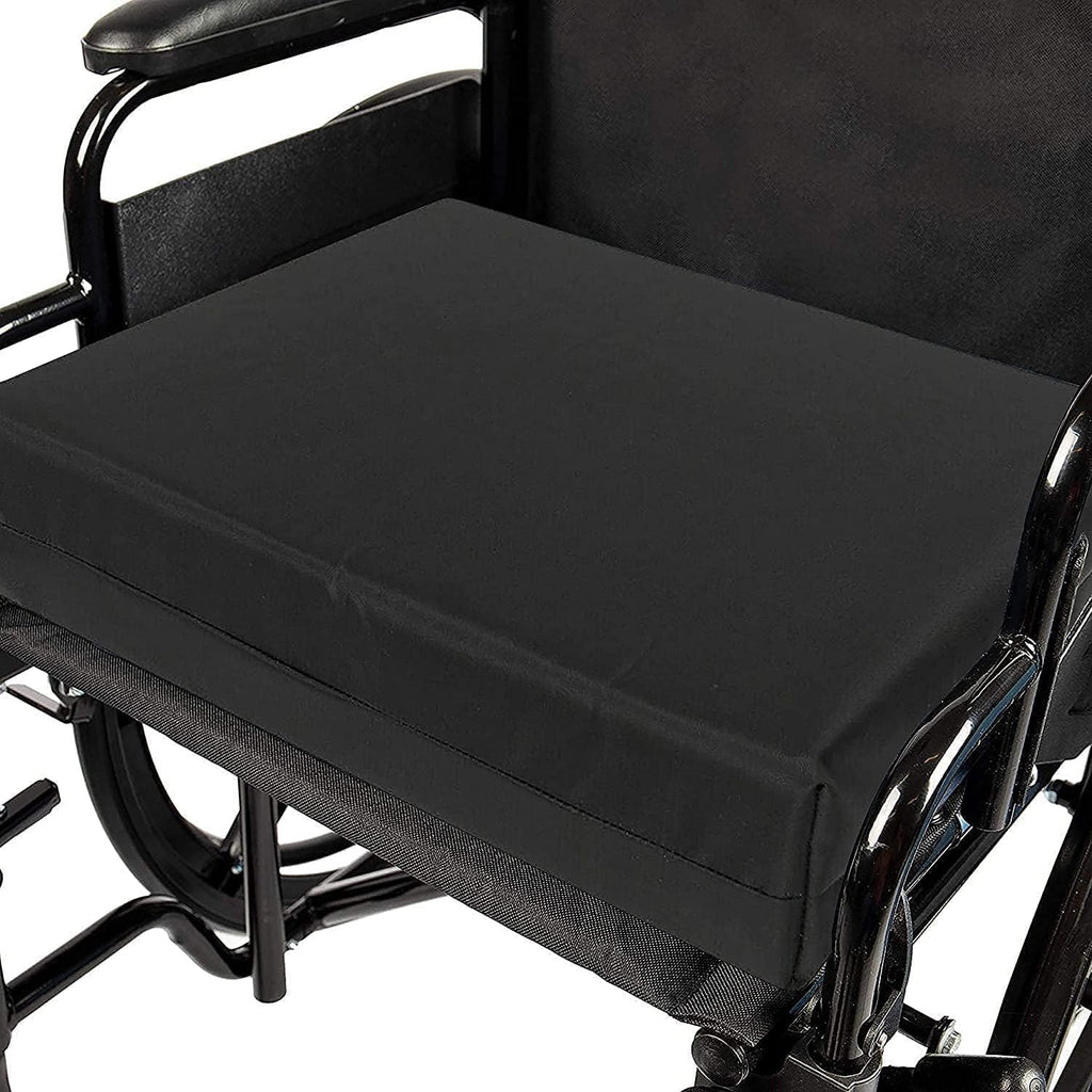 Foam Large Seat Cushion - Perfect for Office Chair, and Wheelchairs Non Slip Smooth Pain Relief - Moister Wicking Vinyl Wipeable Black Zip Cover (20" X 18" X 4")