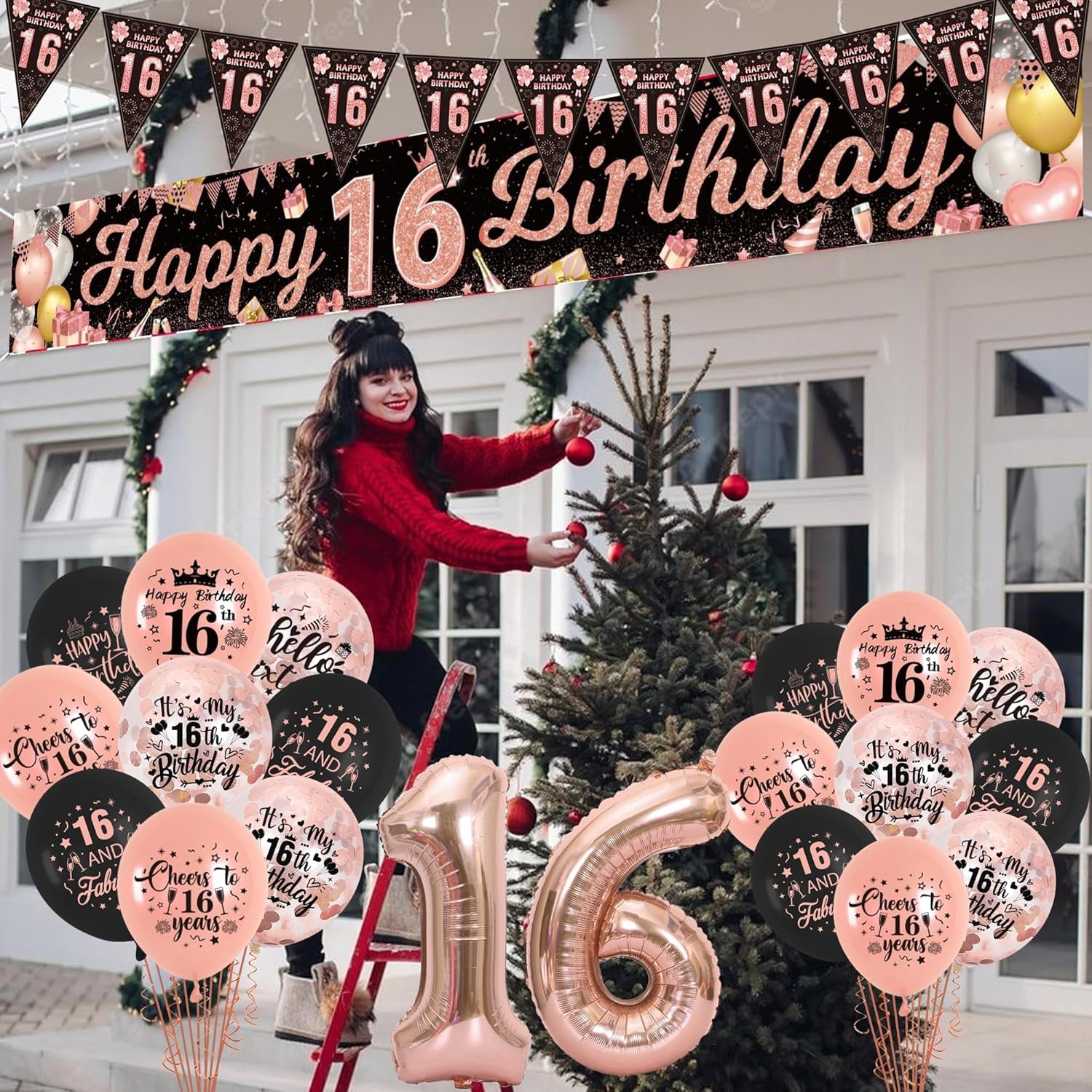 16Th Birthday Decorations for Girls - Rose Gold 16Th Birthday Decorations Includes 16Th Birthday Banner, Latex Balloons, Pennants, Number Balloons, for Indoor and Outdoor 16Th Birthday Party