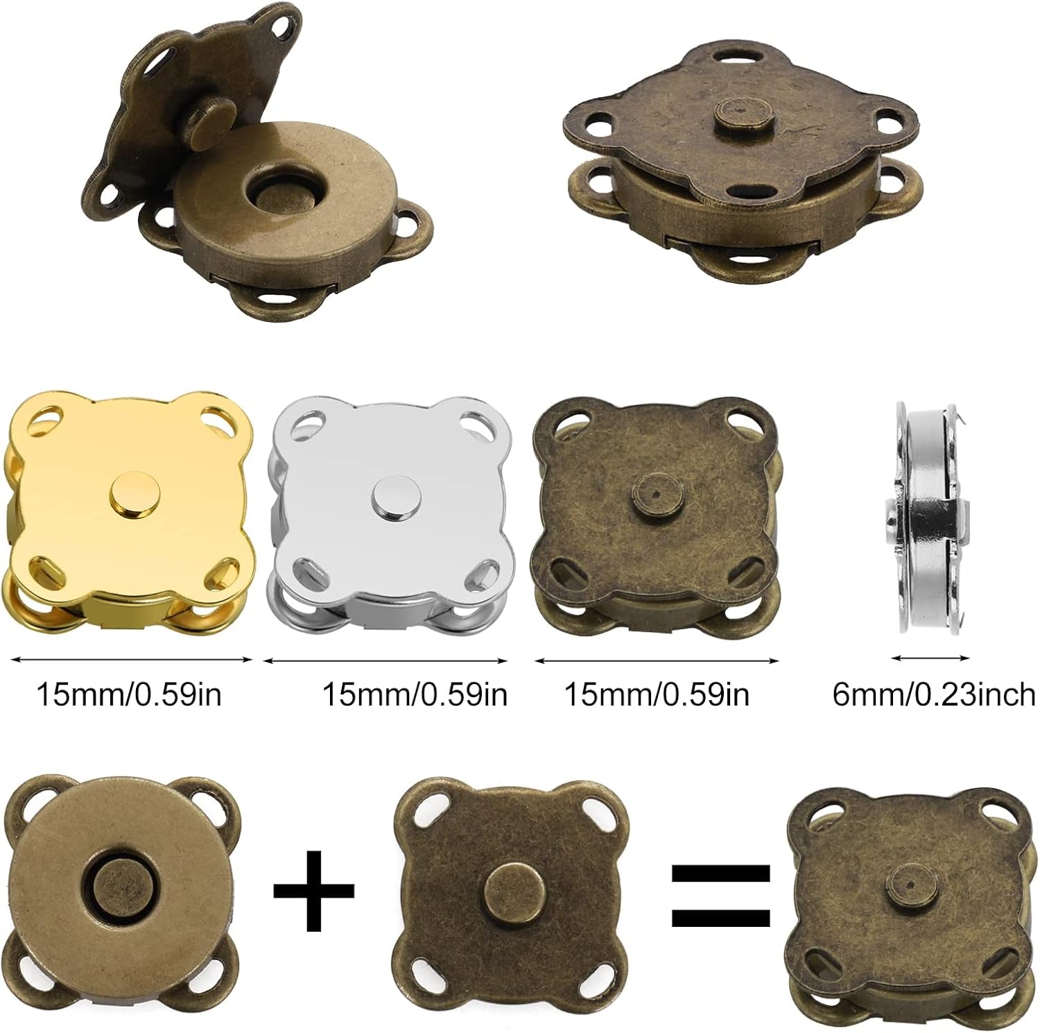 12 Pack Magnetic Buttons, Magnetic Bag Fasteners, Metal Snap Buttons, 15Mm Snap Fasteners Magnetic Clasps for Bags Purses Handbag Wallet Sewing DIY Craft, (Gold Silver Bronze)