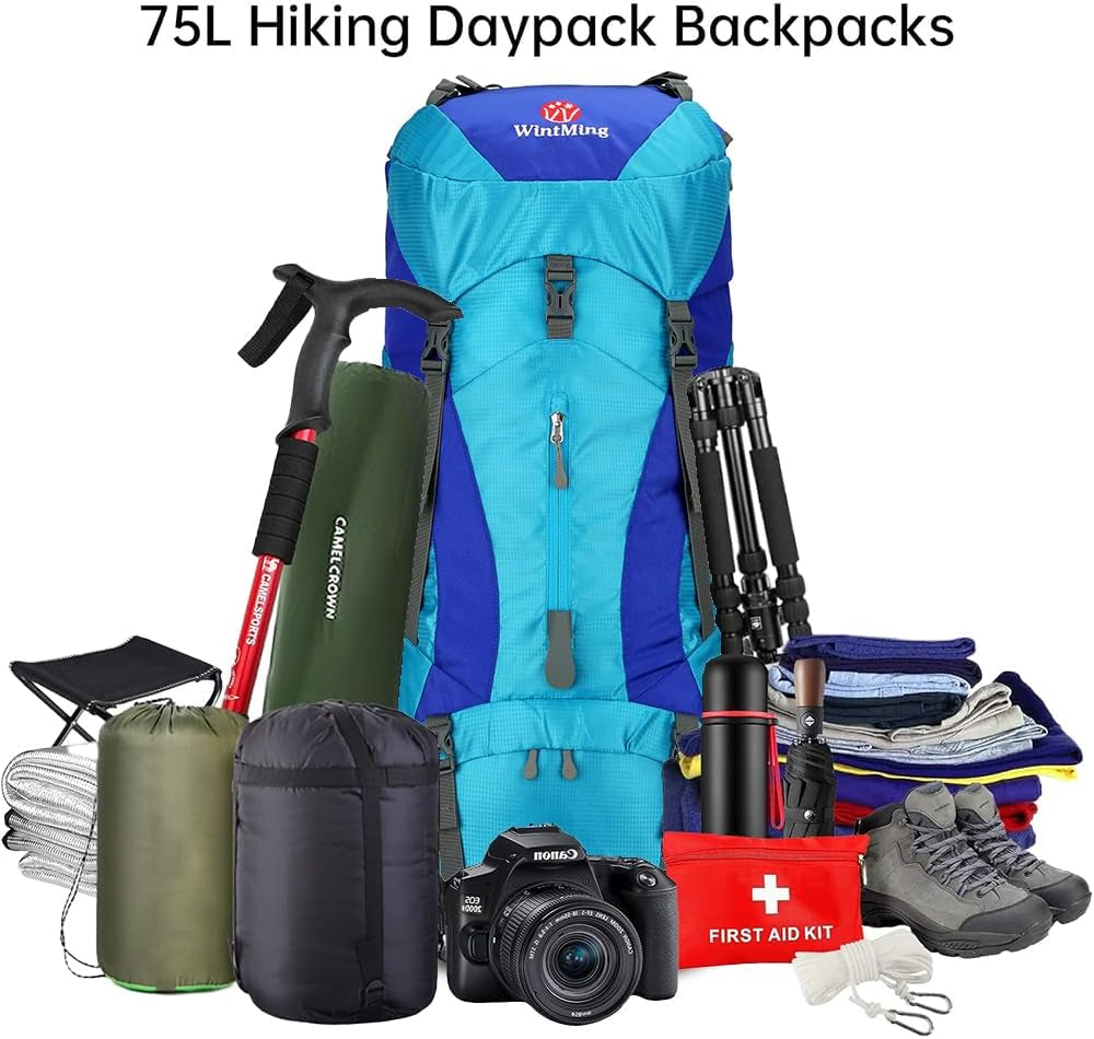 Hiking Backpack for Men and Women 70L+5L Waterproof Lightweight Camping Daypack with Rain Cover for Outdoor Travel Mountaineering - Frameless (Blue)