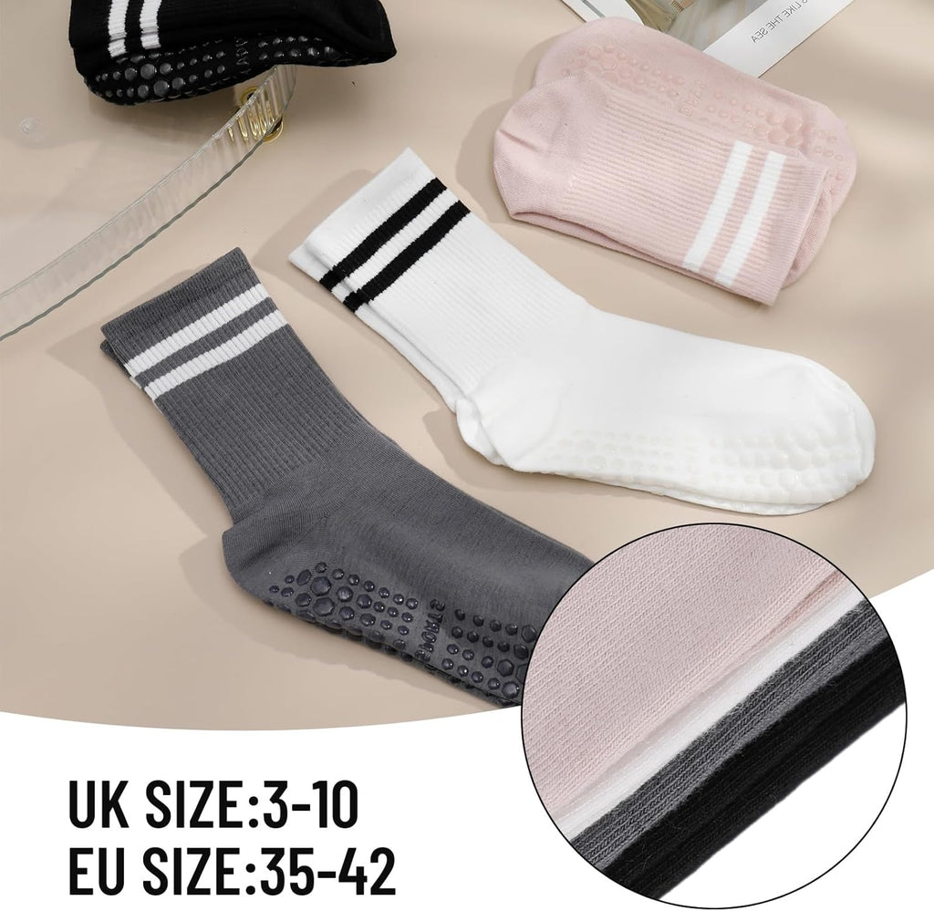 4 Pairs Yoga Grip Socks Women, Non Slip Pilates Socks Grippy Socks Ladies Mid-Calf Grip Socks Breathable Cotton Socks for Ballet, Dance, Workout, Fitness, Running