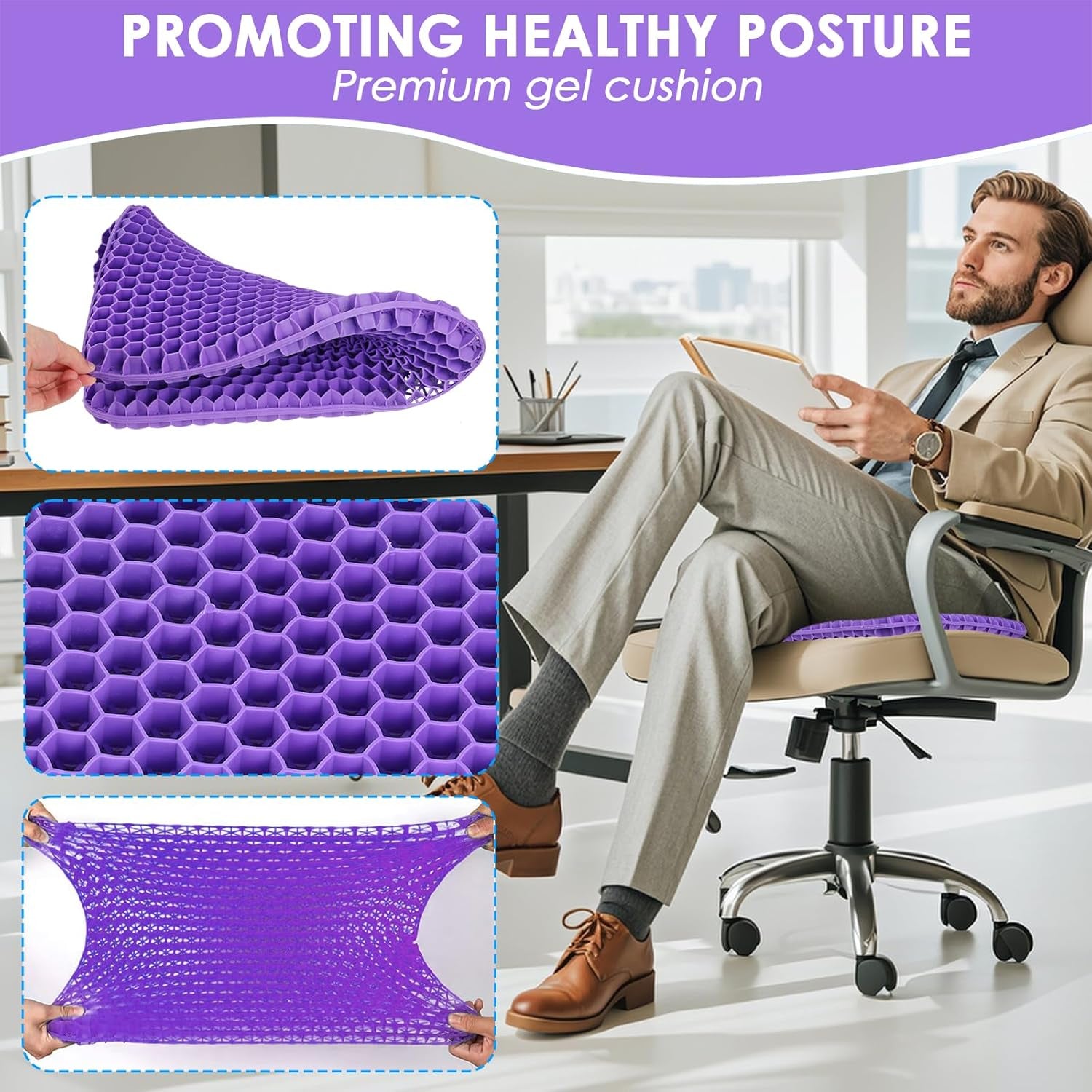 Gel Soft Sitter Cushion, Honeycomb Design Seat Cushions with Cloth Cover, Relieving Back Coccyx Pain Pressure, Ergonomic Design for Seat Pads(Purple, 42Cm)