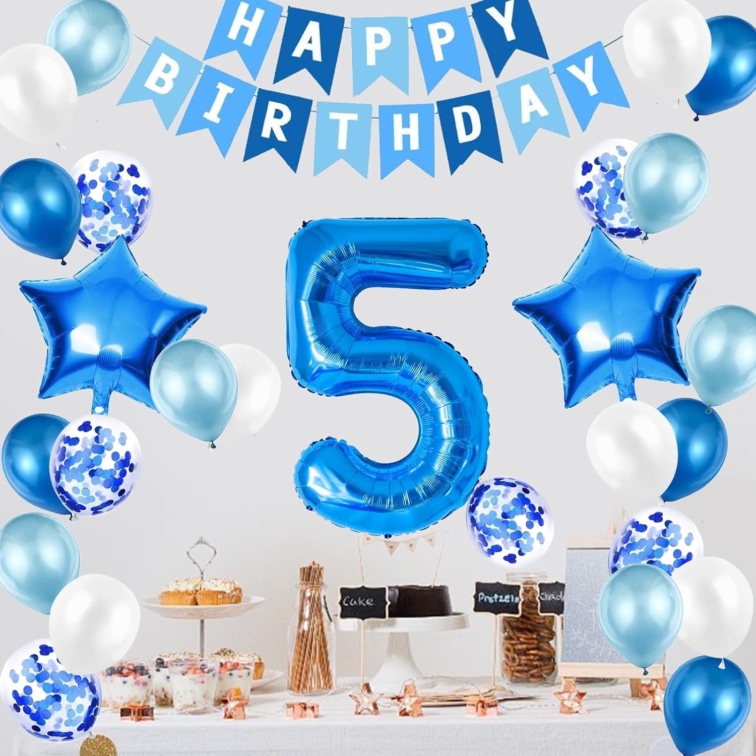 5Th Birthday Decorations for Boys, Number 5 Balloon, Blue Silver 5Th Party Decorations, Happy Birthday Bunting Banner, 32Inch Foil Number 5 Balloons Set for Birthday Party Anniversary Decorations