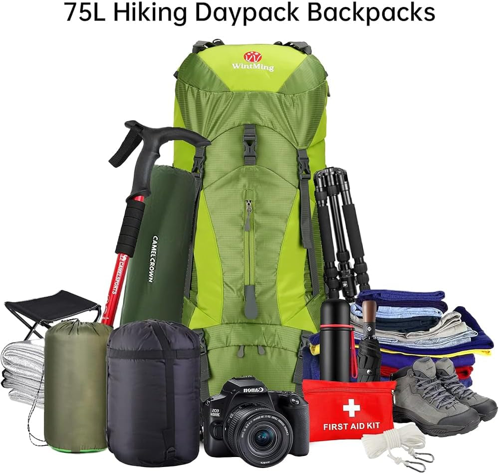 Hiking Backpack for Men and Women 70L+5L Waterproof Lightweight Camping Daypack with Rain Cover for Outdoor Travel Mountaineering - Frameless (Green)