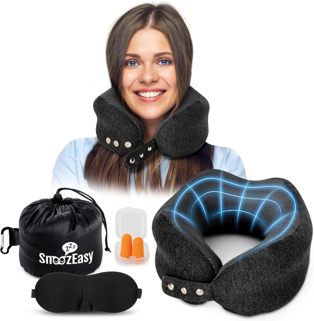 Travel Pillow for Adults | High-Density Memory Foam Neck Pillow for Airplane | Adjustable Flight Travel Cushion with Eye Mask, Ear Plugs, Carry Bag & Carabiner Clip | UK Brand