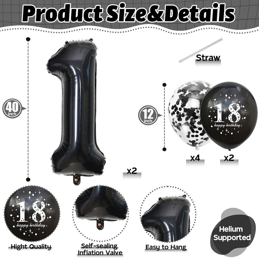 18Th Birthday Decorations for Girls, 18Th Birthday Balloons with 40 Inch Black Foil Number 18 Balloon Black Birthday Print Confetti Balloons Metallic Latex Balloons Set for Boy 18 Birthday Decorations