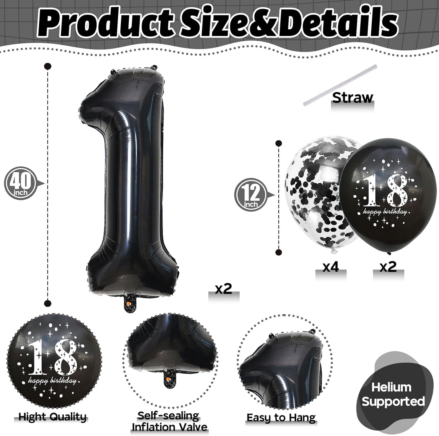 18Th Birthday Decorations for Girls, 18Th Birthday Balloons with 40 Inch Black Foil Number 18 Balloon Black Birthday Print Confetti Balloons Metallic Latex Balloons Set for Boy 18 Birthday Decorations