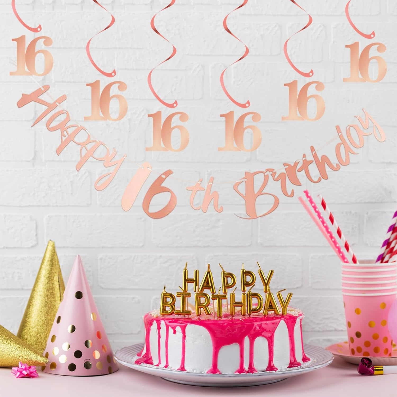 16Th Birthday Bunting Banner, Hanging Swirls Streamers, 16Th Birthday Decorations Set for Girls 16 Years Old Birthday Decorations Party Decor - Rose Gold