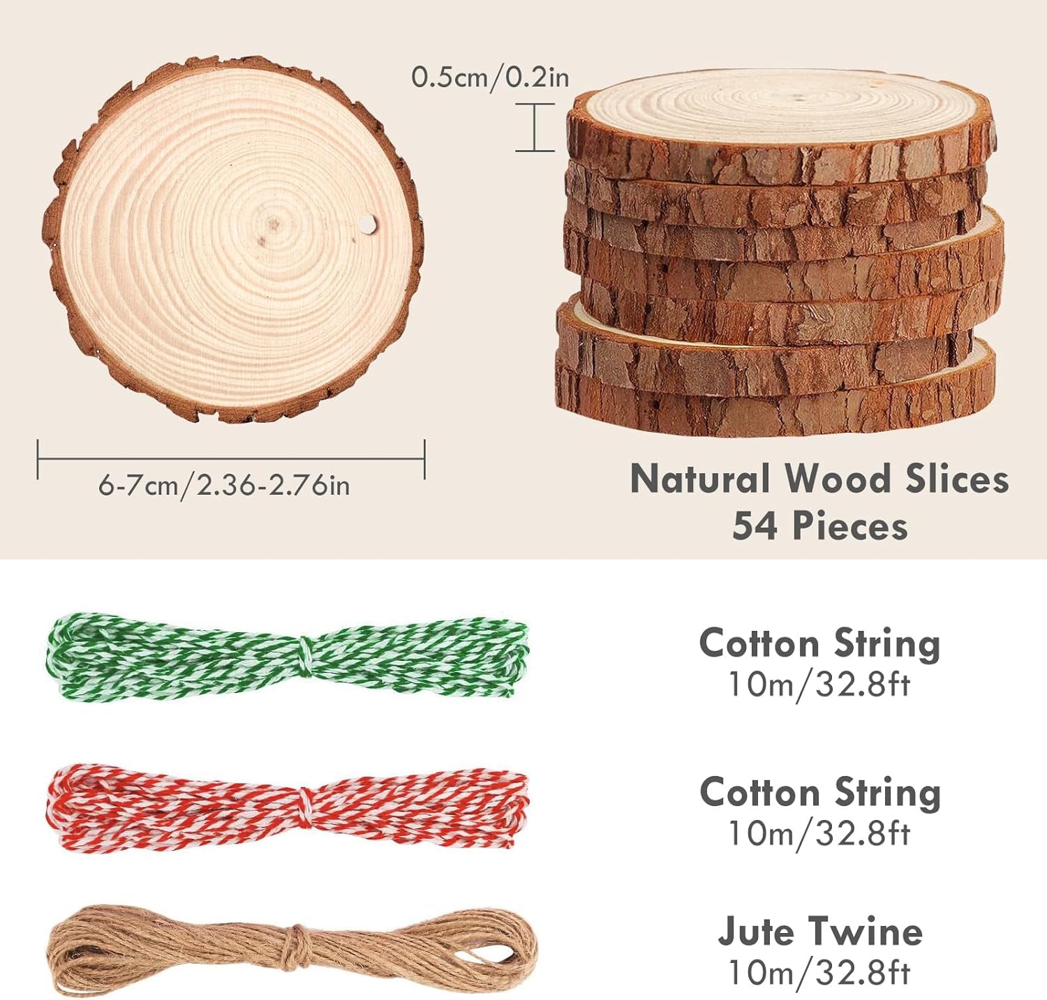 Natural Wood Slices, 54 Pcs 6-7Cm Unfinished Wooden Coasters, Predrilled Log Discs Wooden Log Slices, with 3 Ropes for Arts DIY Crafts, Christmas Decorations or Wedding Favours