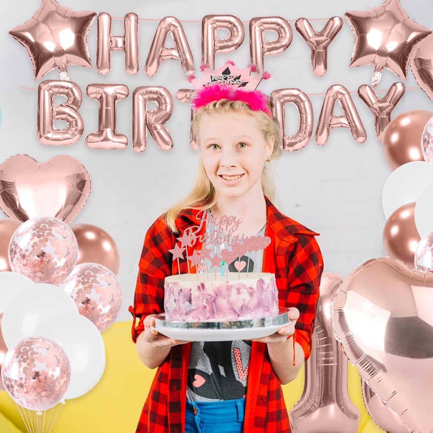 11Th Birthday Decorations for Girls, Rose Gold 11Th Birthday Decorations, Rose Gold 32 Inch Number 11 Foil Balloon with Banner, Star Confetti Balloon for 11 Party Deko