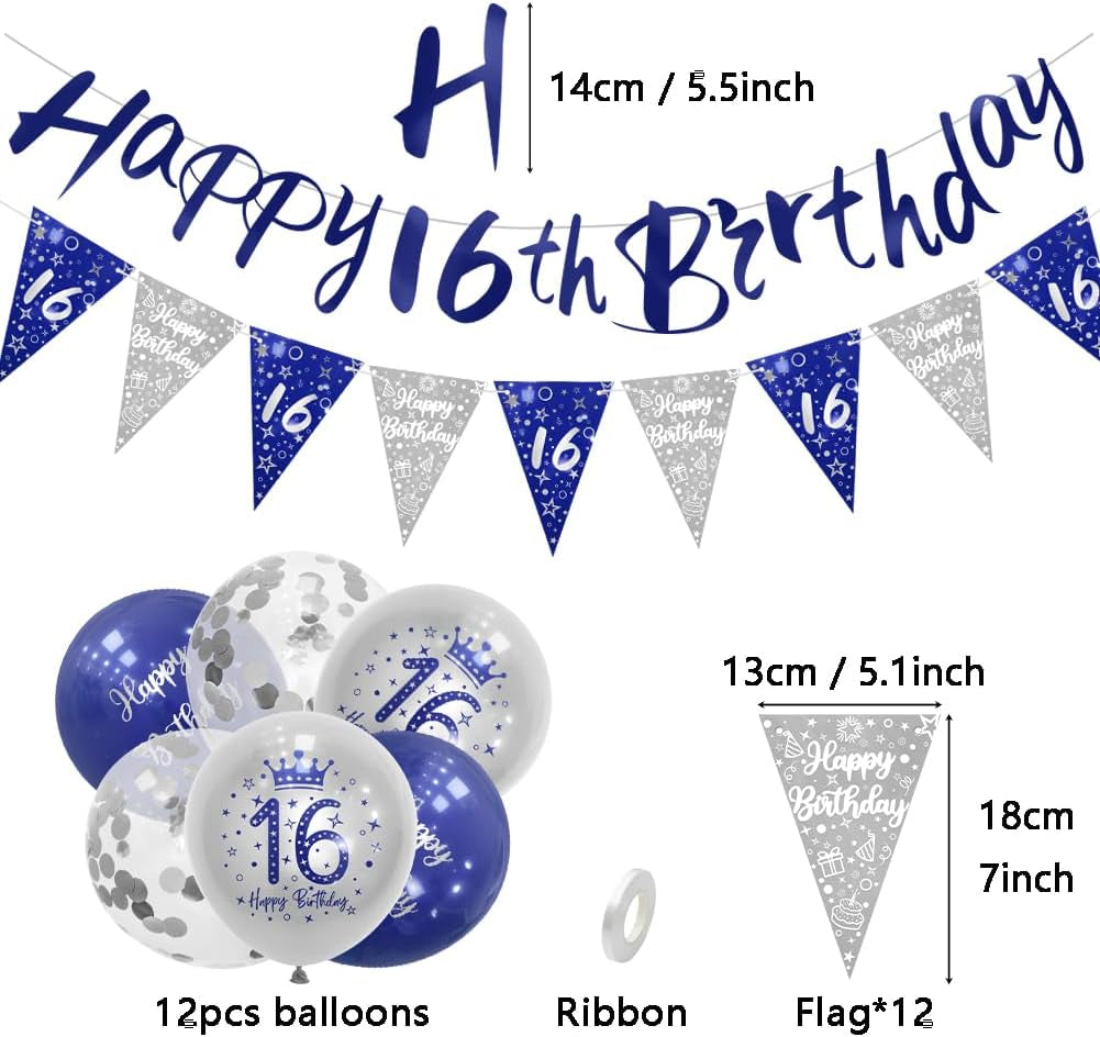 Boys 16Th Birthday Decorations Blue Silver Party Kit - Happy Birthday Banner Bunting