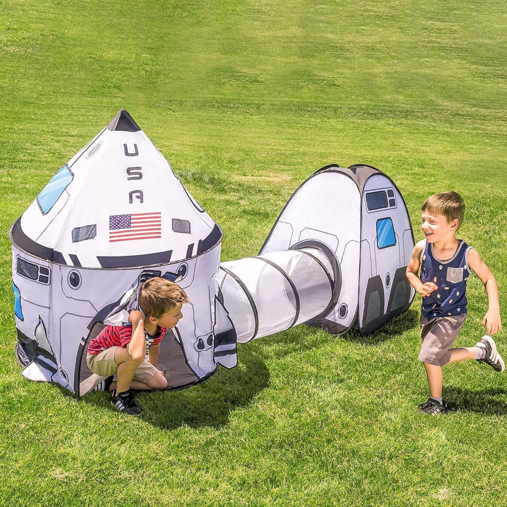 White Rocket Ship Pop up Play Tent with Tunnel and Playhouse Kids Indoor Outdoor Spaceship Tent Set