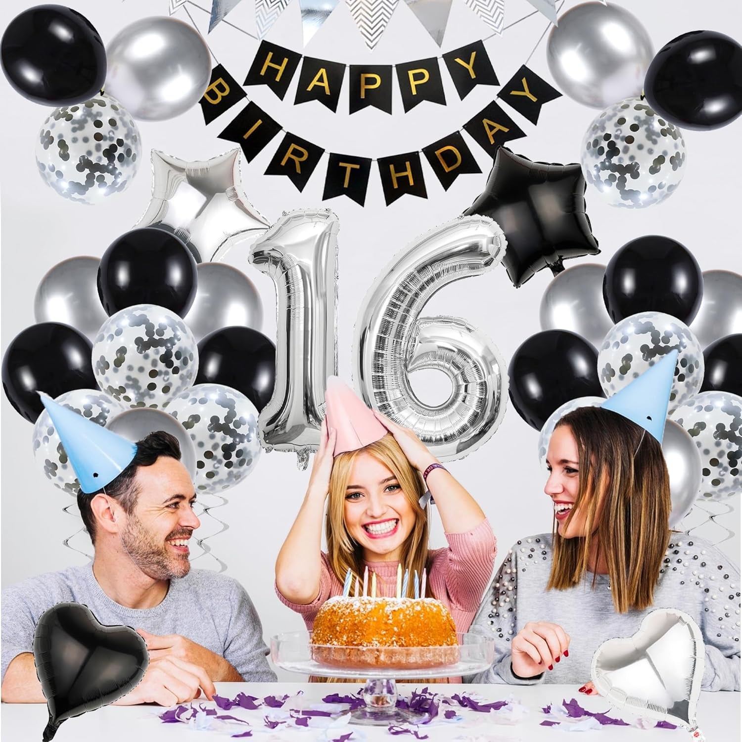 16Th Birthday Decorations for Boys Black and Silver Birthday Decorations Include Pennants, Banners, Love Balloon, Star Balloon, Number Foil Balloons, Latex Balloons, Ribbon, Suitable for 16Th Party