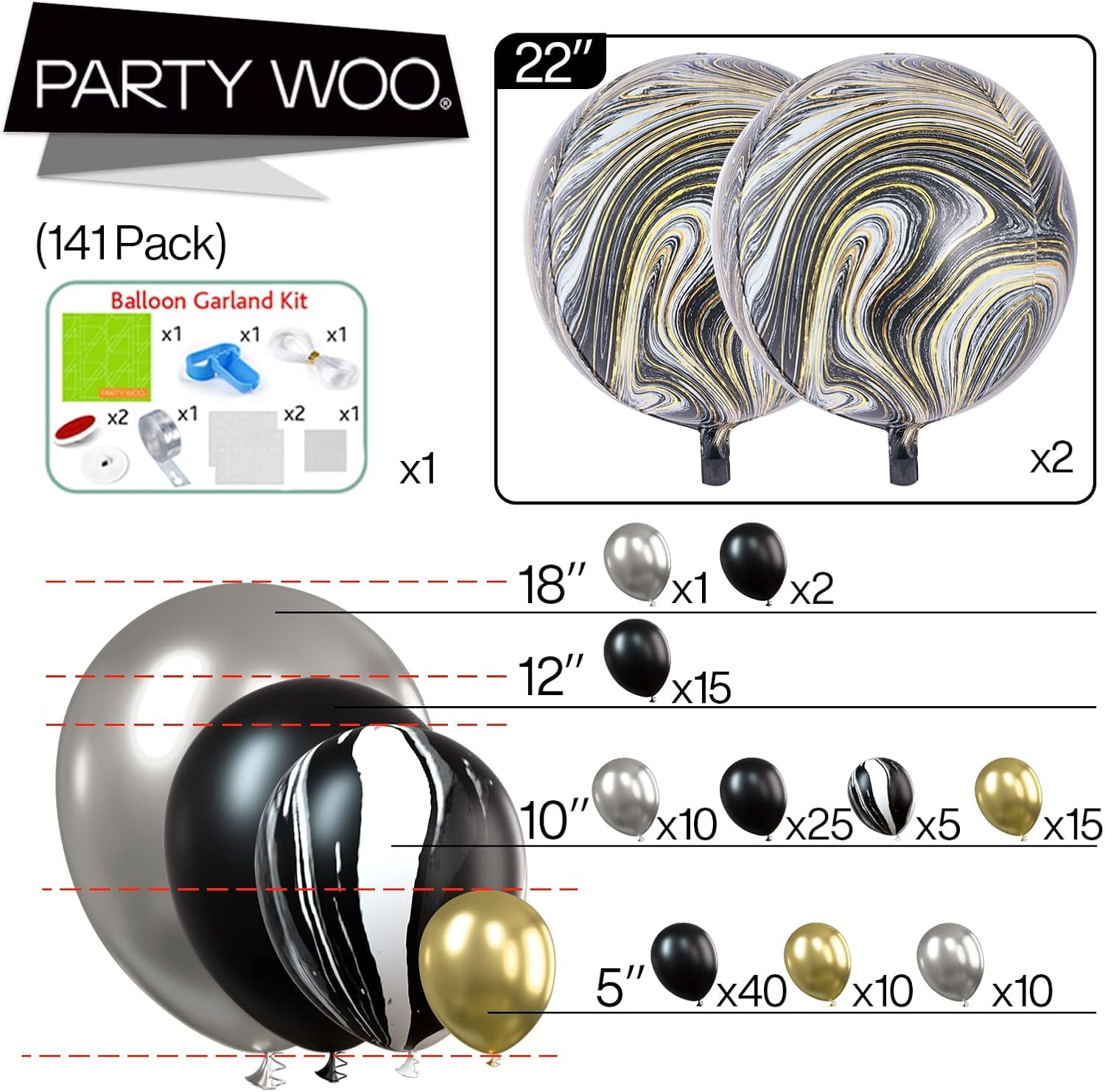 140Pc Black & Gold Balloon Arch Kit, Marble & Metallic Balloons for Birthday, Wedding, Anniversary