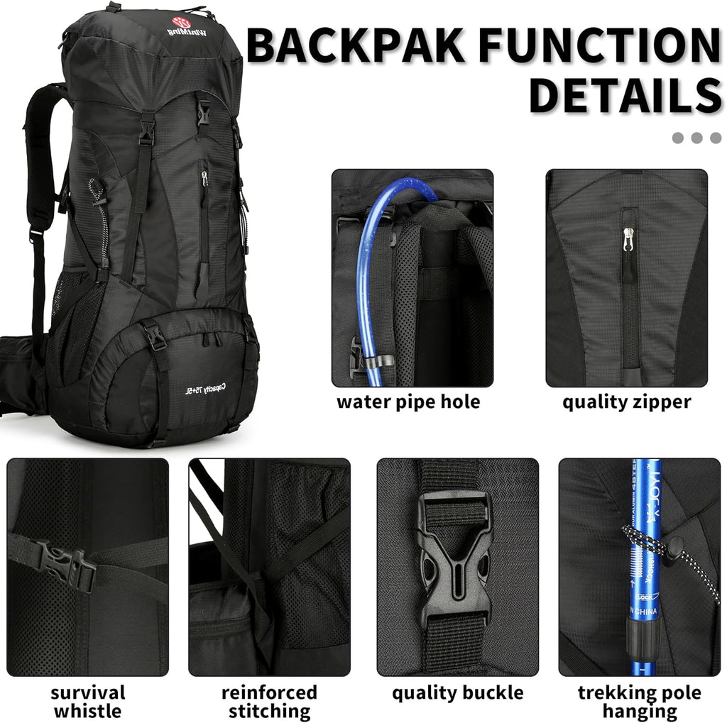 Hiking Backpack for Men and Women 70L+5L Waterproof Lightweight Camping Daypack with Rain Cover - Frameless (Black-B)