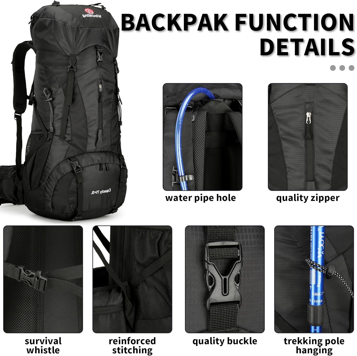 Hiking Backpack for Men and Women 70L+5L Waterproof Lightweight Camping Daypack with Rain Cover - Frameless (Black-B)