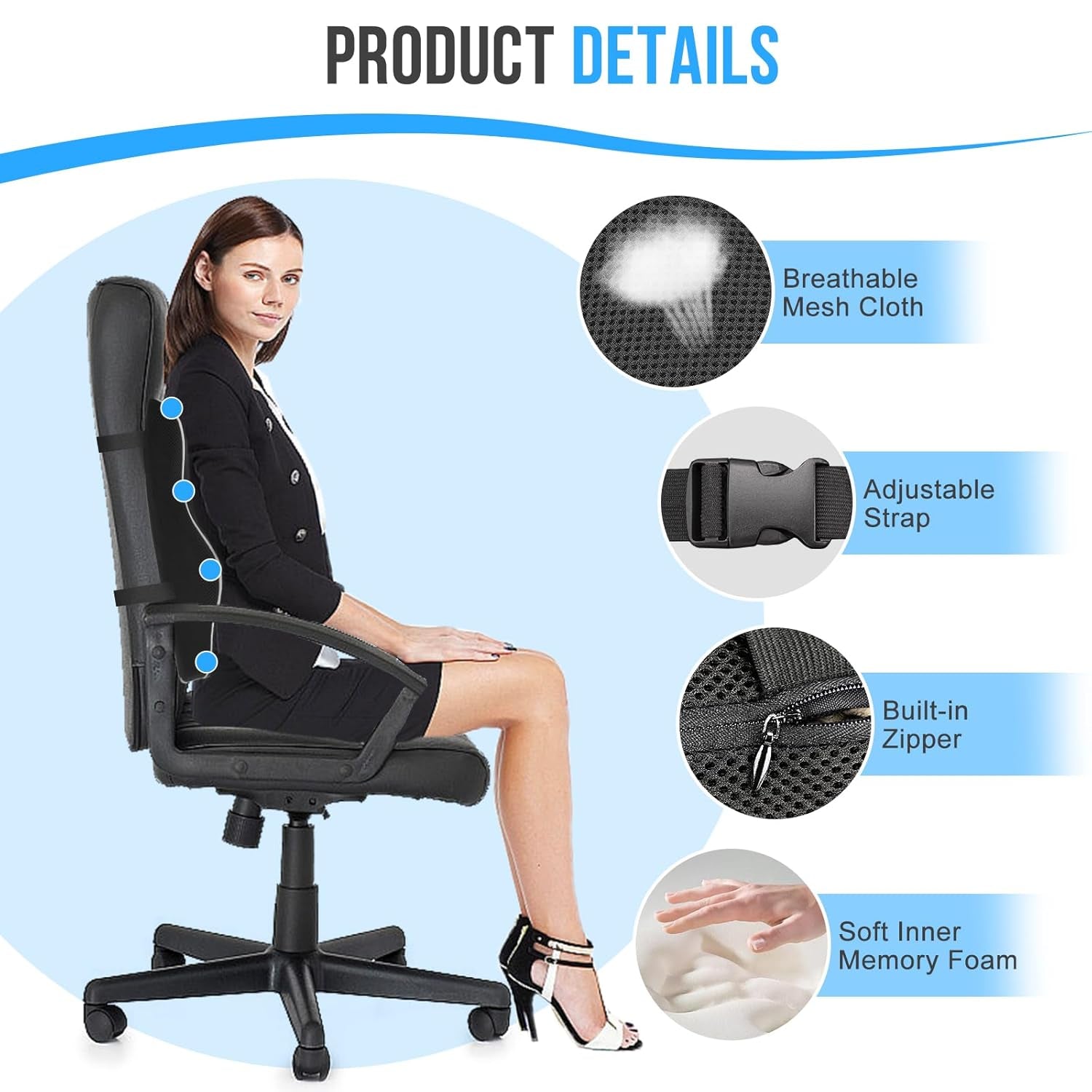 Lumbar Support Cushion, Memory Foam Back Support for Office Chair and Car Seat, Mesh Back Rest for Gaming Chair, Memory Foam Pillow, Desk Chair Cushion, Breathable & Washable Cover, Adjustable Straps