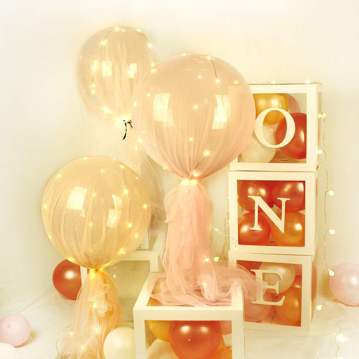 1St Birthday Party Decoration Boxes for Boys & Girls, 3 Pcs White Balloon Boxes with ONE Letter for Baby Shower, Balloon Blocks for First Birthday Decorations