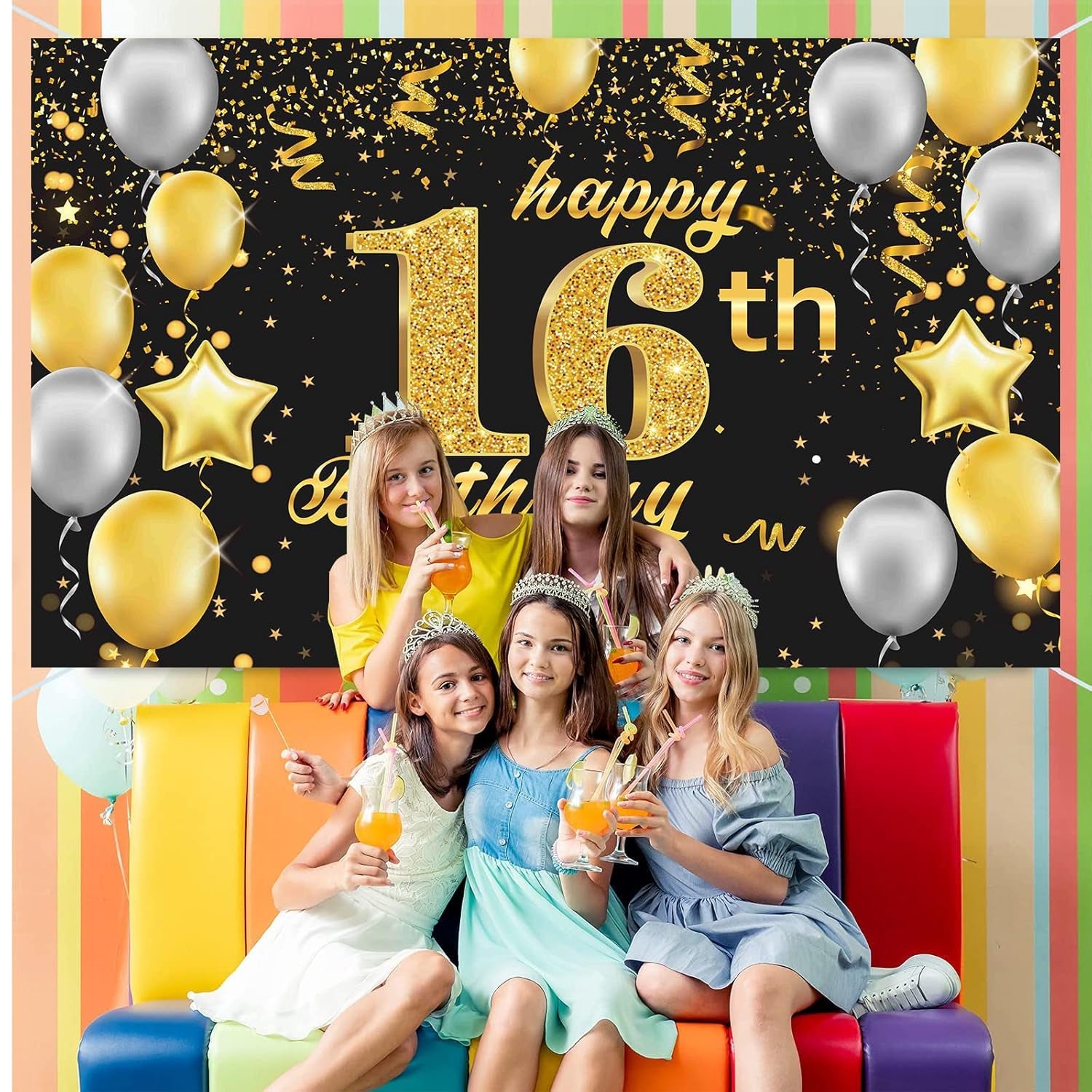 Happy 16Th Birthday Banner,16Th Birthday Decorations Black Gold,Party Backdrop Banner Fabric Banner.For Men Women 16Thbirthday Photo Backdrop,Photography Background,Outdoor Garden Table Wall Decor
