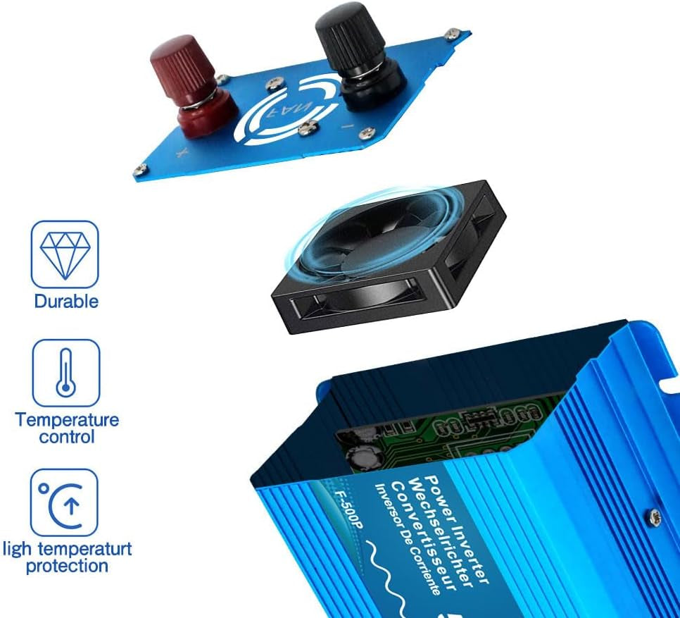 Pure Sine Wave Power Inverter 500W DC 12V to 240V AC Car Power Converter /1000W (Peak) with 2 USB Ports 1 AC Socket for Charge Phone, Pad, Laptop, LED