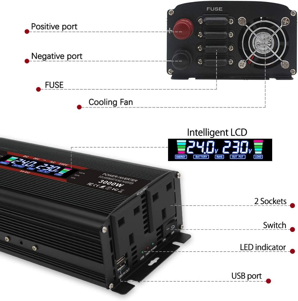 24V 1500W Modified Sine Wave Power Inverter, 24V to AC 230V 240V Voltage Converter with LCD +2UK Socket & Dual USB