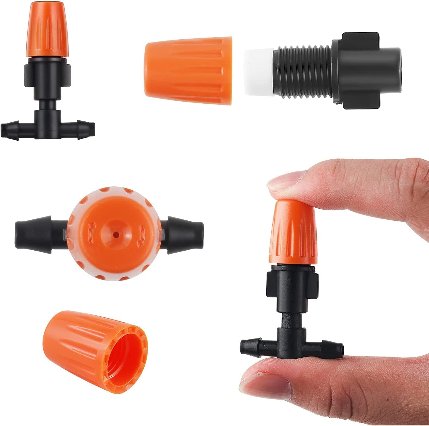 50 Pcs Adjustable Irrigation Drippers with Connect Tee, Garden Irrigation Misting System Sprinkler Patio Mister Micro Spray Misting Drip Kit(Orange)