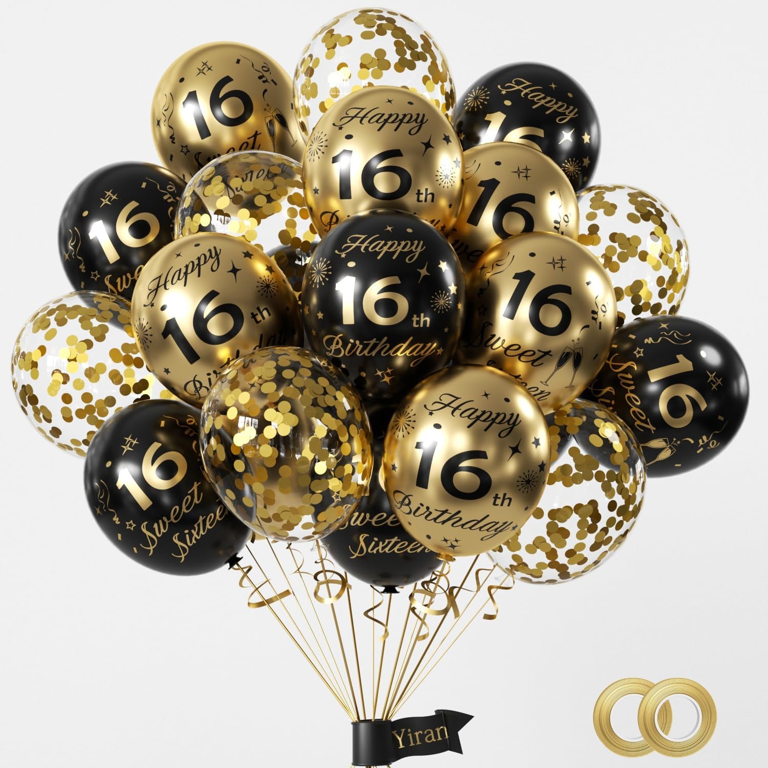 16Th Birthday Balloons 15 Pcs Black Gold Happy Latex Confetti Party Decorations for Boys Girls Decor Supplies (Age 16), Medium