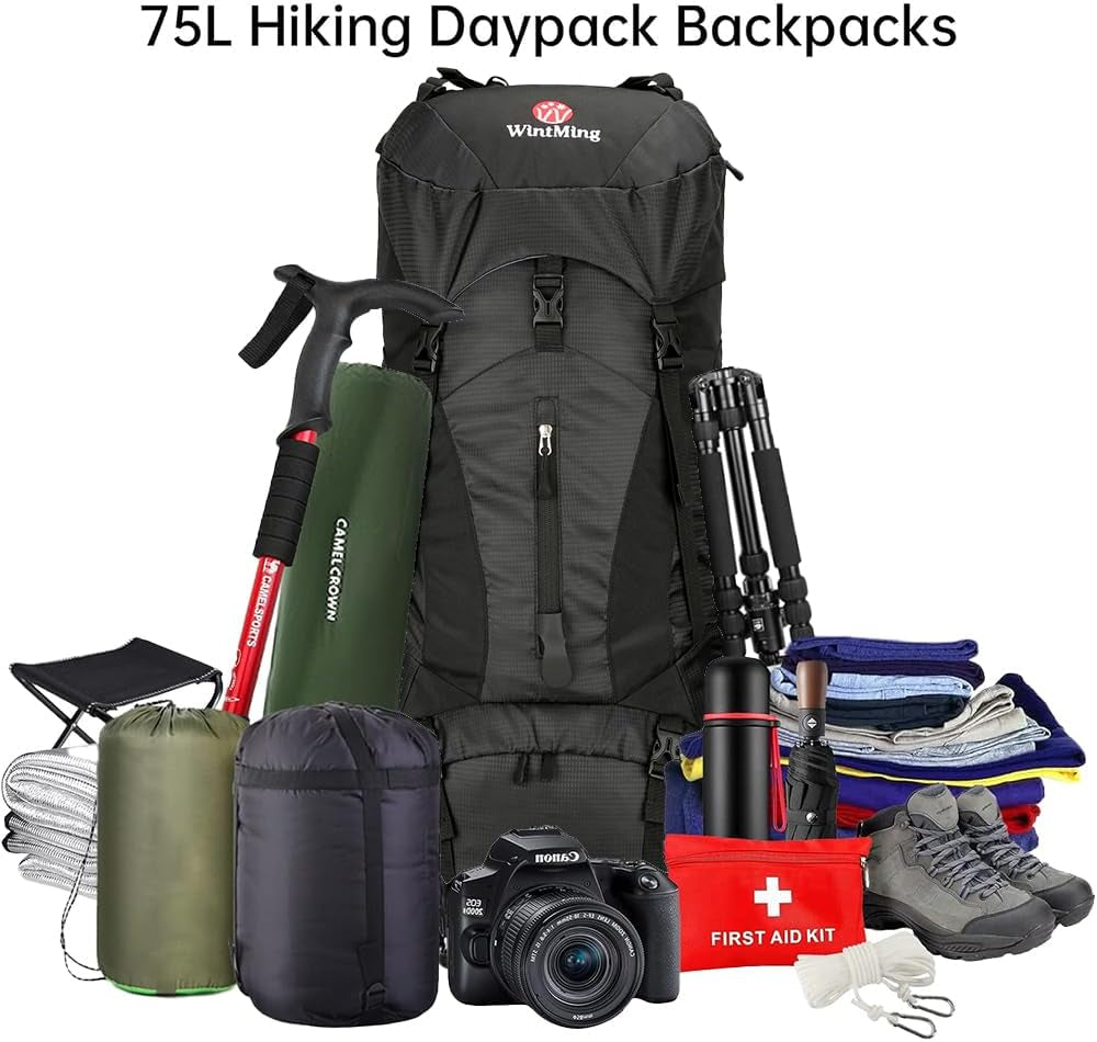 Hiking Backpack for Men and Women 70L+5L Waterproof Lightweight Camping Daypack with Rain Cover - Frameless (Black-B)