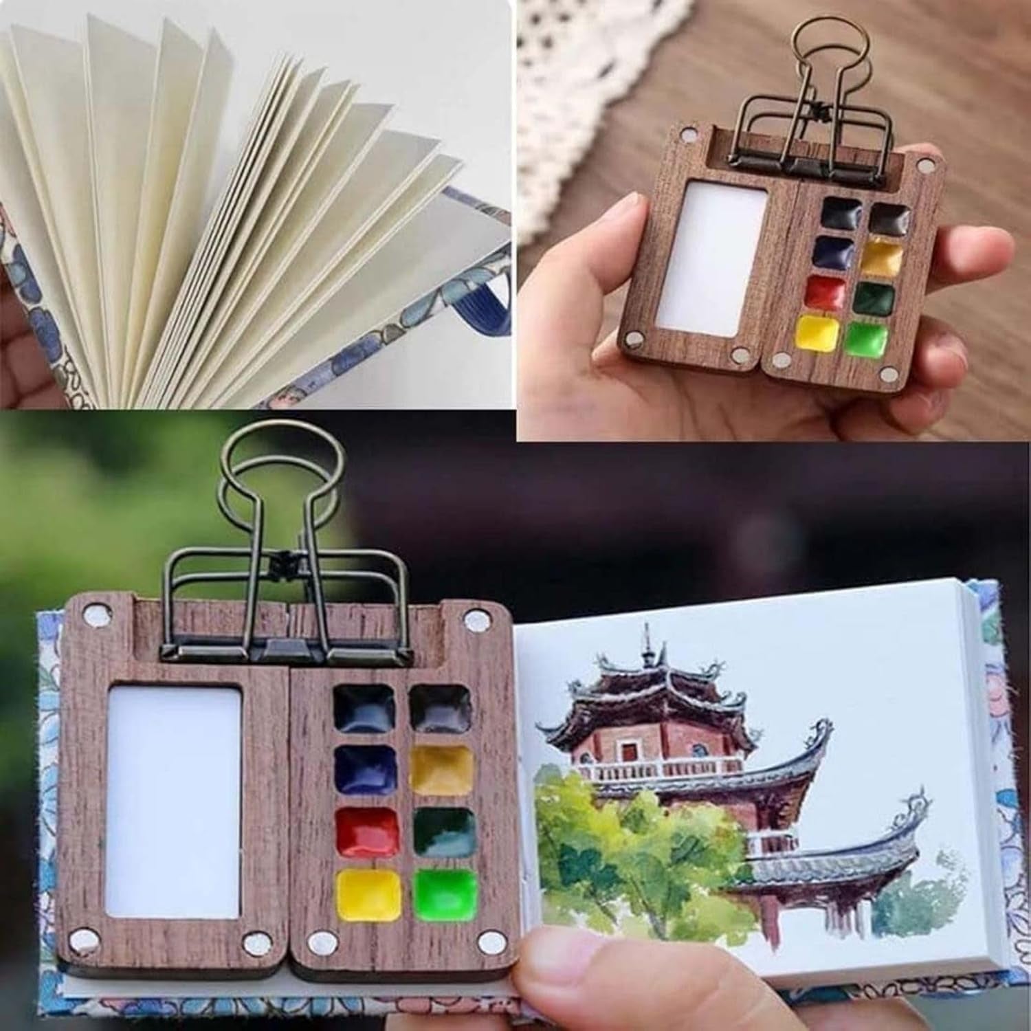 Portable Palette, Mini Travel Paint Set with 8 Grids Mini Wood Palette Box, Pocket Artist Watercolour Palette, Sketchbook Palette Pocket Travel Paint Tray Box with Metal Clip, Watercolor Pen