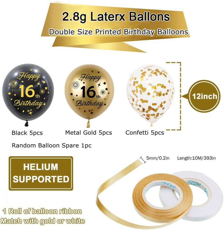 16Th Birthday Balloons 15 Pcs Black Gold Happy Latex Confetti Party Decorations for Boys Girls Decor Supplies (Age 16), Medium