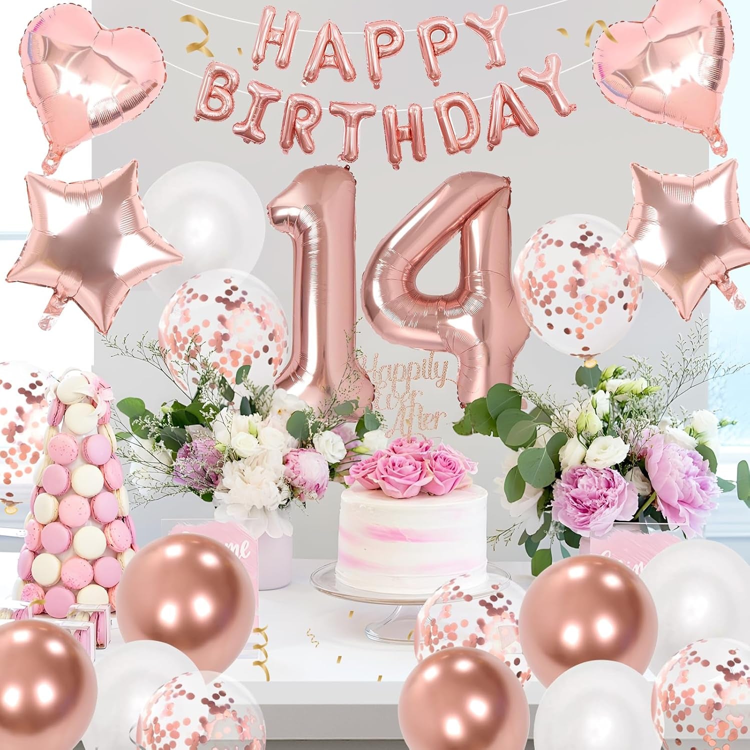 14Th Birthday Decorations for Girls, Rose Gold 14Th Birthday Decorations, Rose Gold 32 Inch Number 14 Foil Balloon with Banner, Star Confetti Balloon for 14 Party Deko