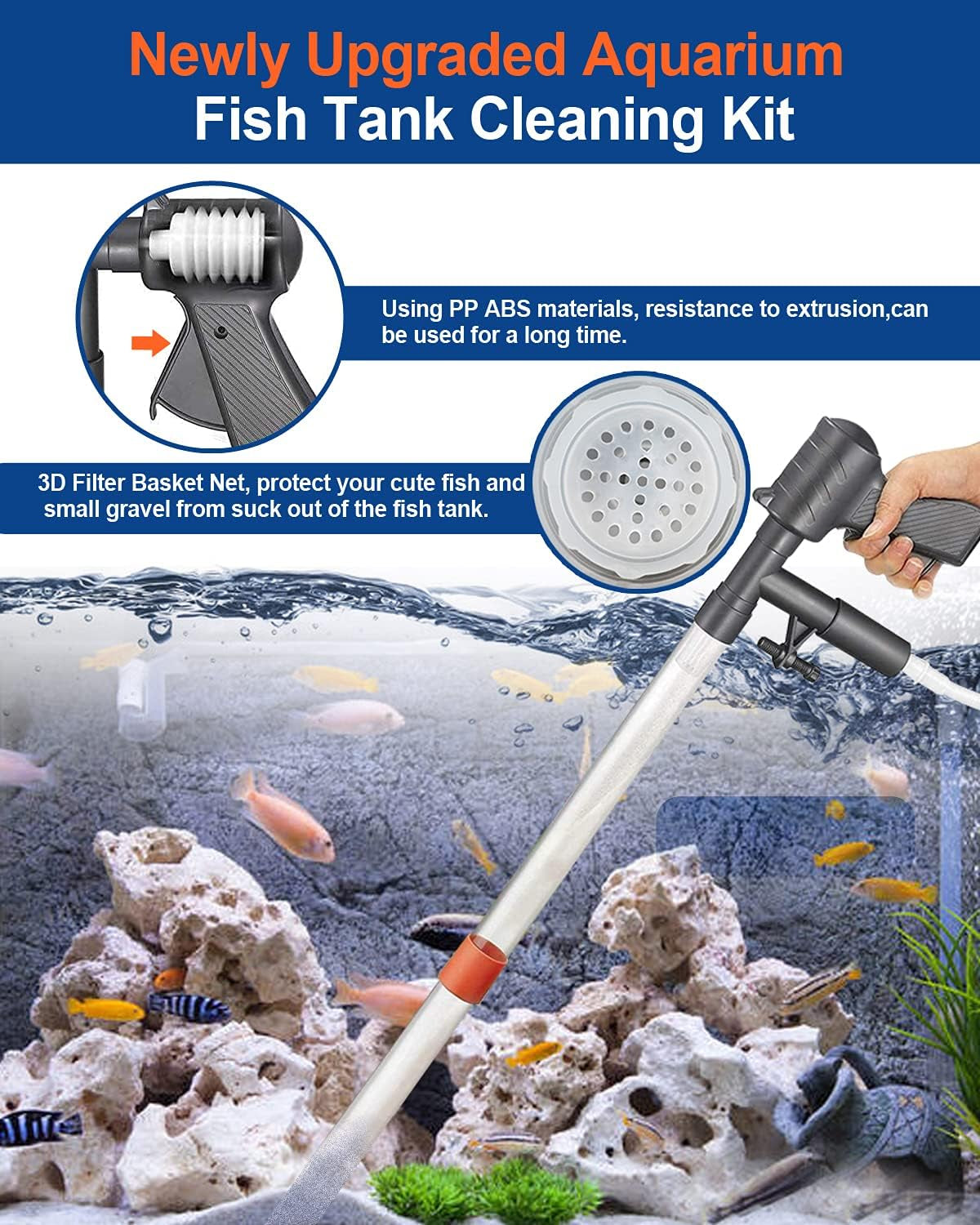 Aquarium Gravel Cleaner [2024 Edition] Vacuum Fish Tank Vacuum Cleaner Tools for Aquarium Water Changer with Aquarium Thermometers Fish Net Kit Use for Fish Tank Cleaning Gravel and Sand