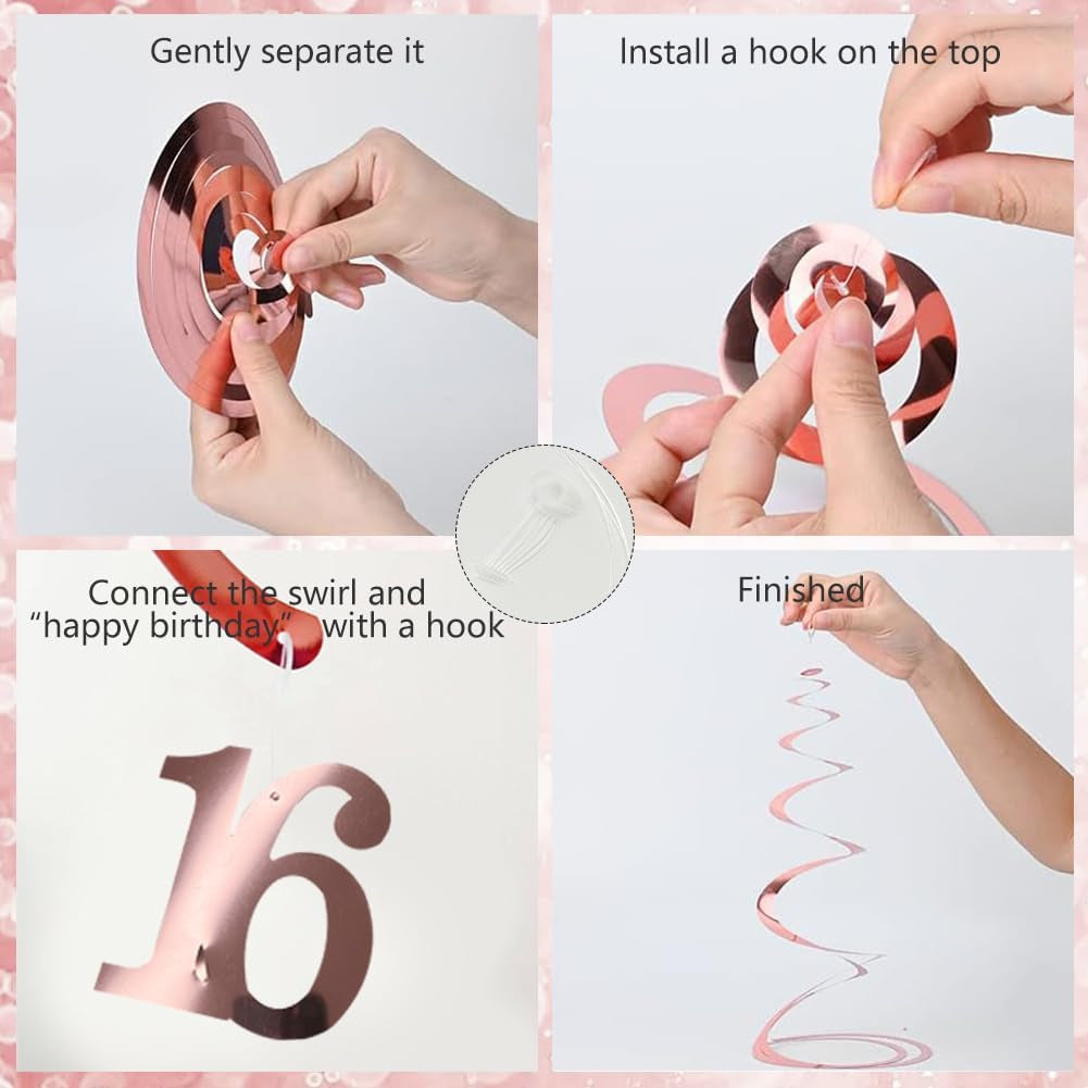 16Th Birthday Decorations for Girls-Rose Gold 16Th Birthday Banners Balloons Bunting for Her,Happy Birthday Party Decor Include Banner Bunting Hanging Swirls Triangle Flags Confetti Latex Balloons