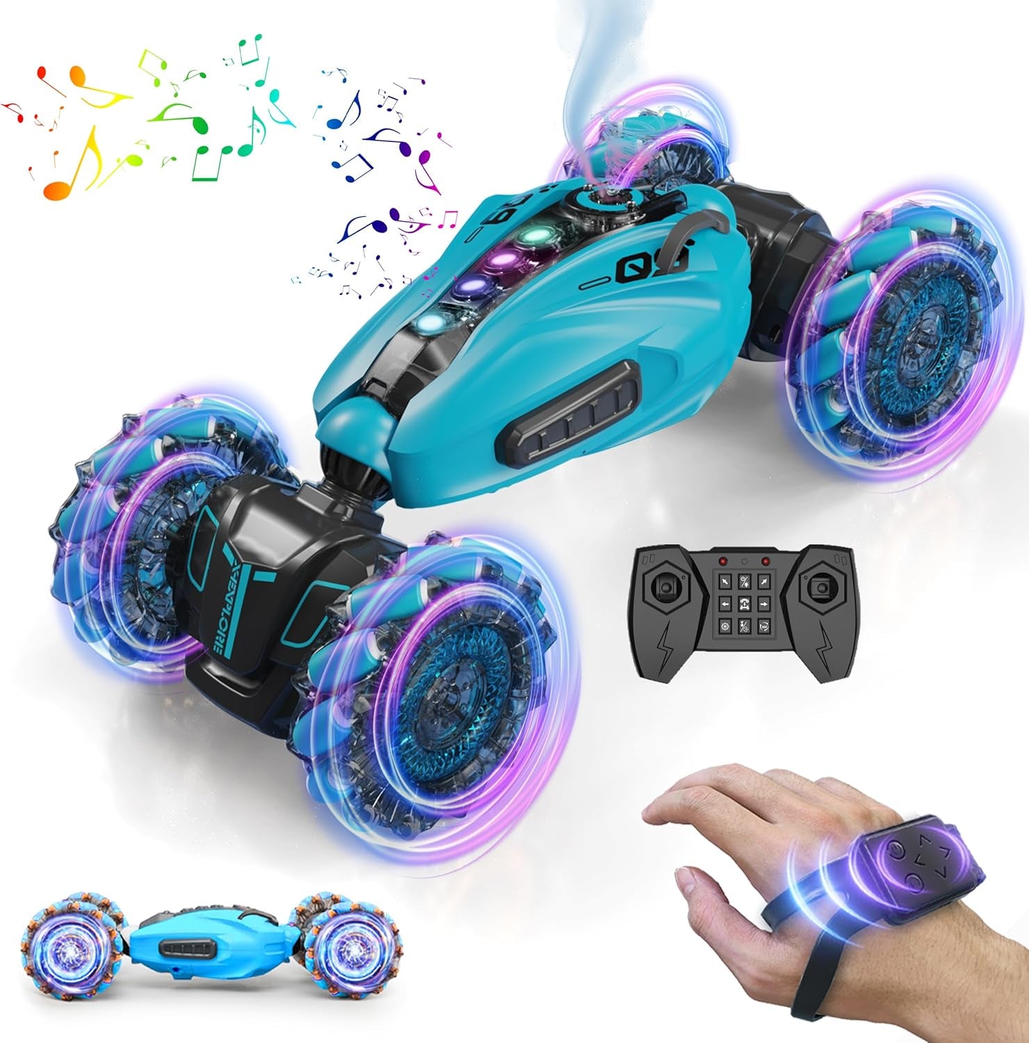 RC Stunt Car,2.4Ghz 4WD Remote Control Gesture Sensing Toy Cars,Double Sided Driving,360 °Rotation,Off Road Vehicle,Hand Controlled RC Car with Lights&Music, Birthday Gifts for Boys&Girls(Blue)