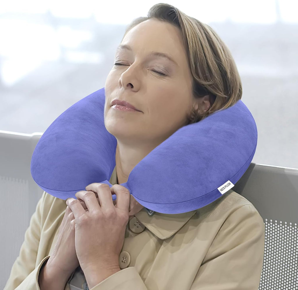 Travel Pillow Memory Foam Neck Pillow Lightweight Quick Pack for Airplane Train Car Travel Camping Neck Support Pillow (Blue)