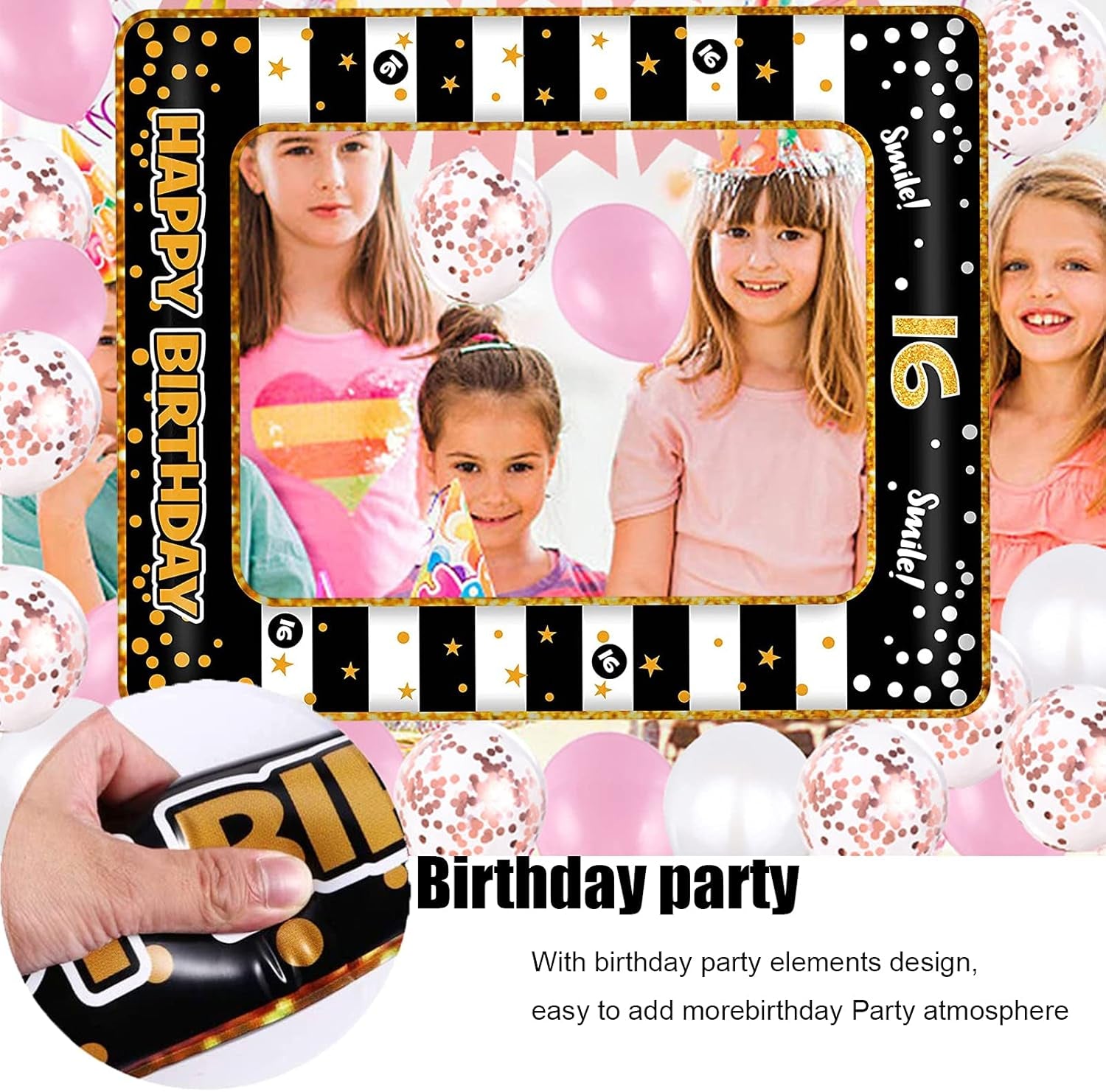 16Th Birthday Photo Booth Props,Black Gold Inflatable Selfie Frame Picture Frame,Giant Inflatable Party Photo Booth Frame for Girls Boys 16Th Birthday Party Decorations Supplies,Girls Boys Favor Gift