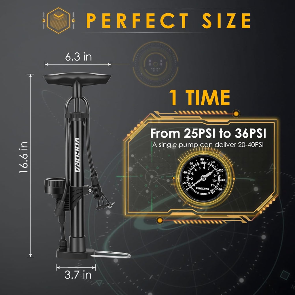 Bike Pump with Pressure Gauge, Bicycle Pump with Presta & Schrader Valves Bike Pump for All Bikes, Foot Pump for Car Tyres, Road Mountain Bikes & Balls