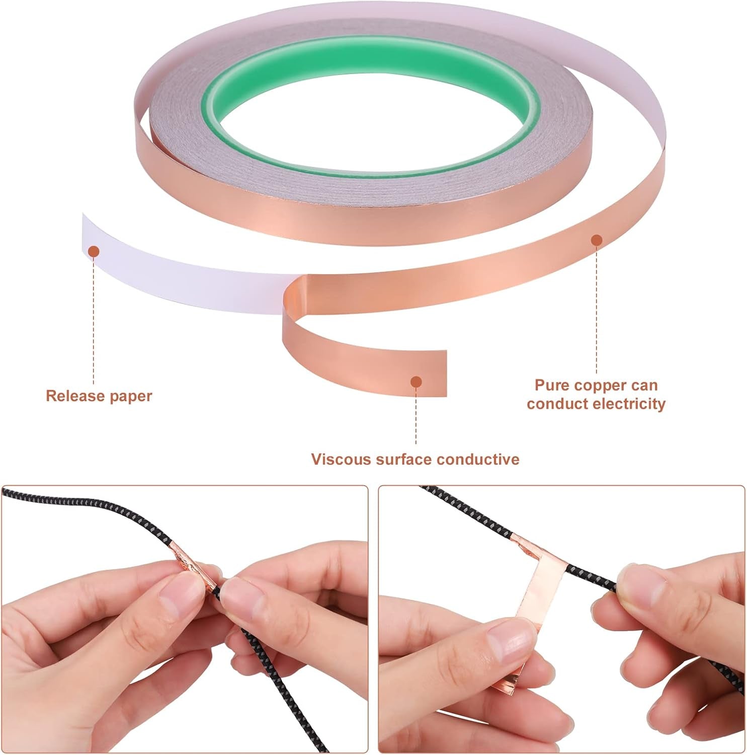 2 Rolls Copper Tape Slug Repellent Tape, 20M X 10Mm, Self Adhesive Dual Conductive Tape, Copper Foil Tape for Shielding & Guitar Repairs,Soldering,Electrical Repair,Stained Glass,Diy Crafts