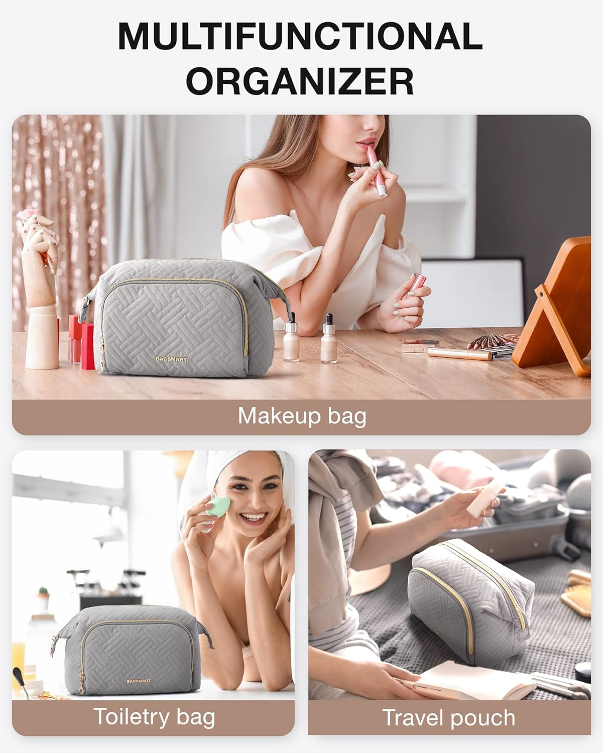 Travel Makeup Bag, Cosmetic Bag Make up Organizer Case,Large Wide-Open Pouch for Women Purse for Toiletries Accessories Brushes (Grey)