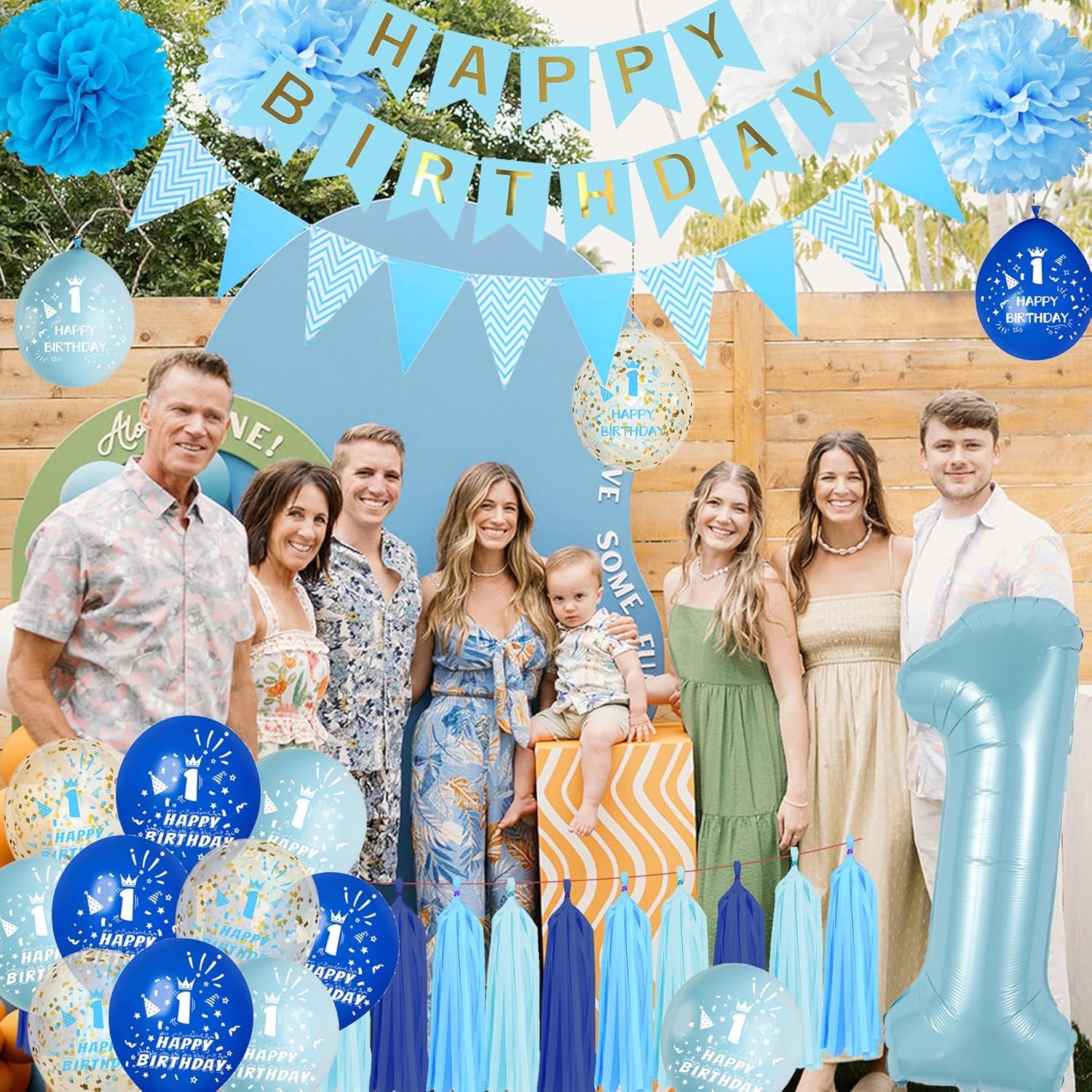 1St Birthday Decorations for Boys Blue - First Balloons Happy Birthday Banner One Cake Topper Number 1 Balloon Tassel, Tissue Paper Pom Poms Decoration for 1 Year Old Baby Boy Party Celebration