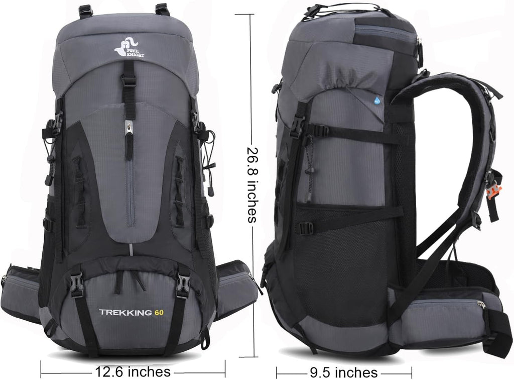 60L Hiking Camping Backpack with Rain Cover, Waterproof Large Capacity Outdoor Sport Travel Daypack Climbing Touring (Gray)