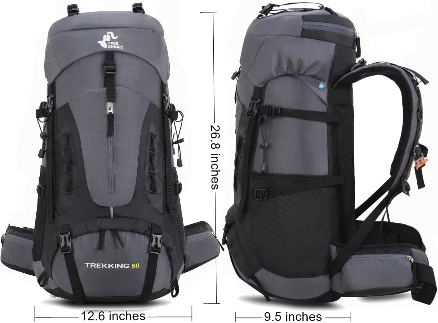 60L Hiking Camping Backpack with Rain Cover, Waterproof Large Capacity Outdoor Sport Travel Daypack Climbing Touring (Gray)