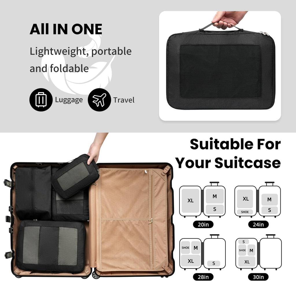 Large Compression Packing Cubes, Full Open Visible Design， Expandable Packing Organizer with Travel Shoe Bag for Suitcase & Backpack, 4 Set Lightweight Travel Bags for Vacation & Camping
