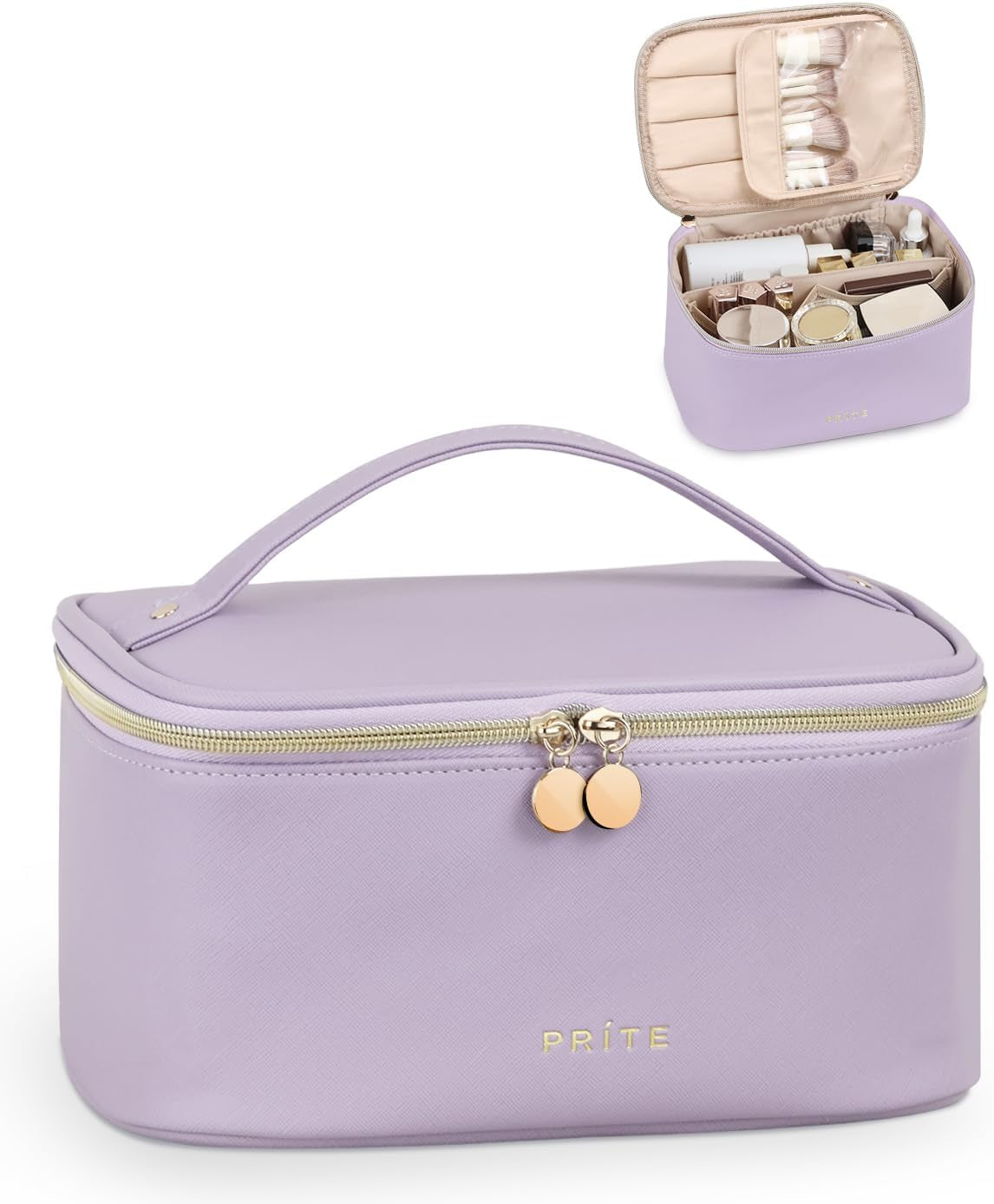 Large Makeup Bag for Women Travel Cosmetic Case Waterproof PU Leather Toiletry Bag Portable Make up Organiser with Handle and Removable Divider (Purple)