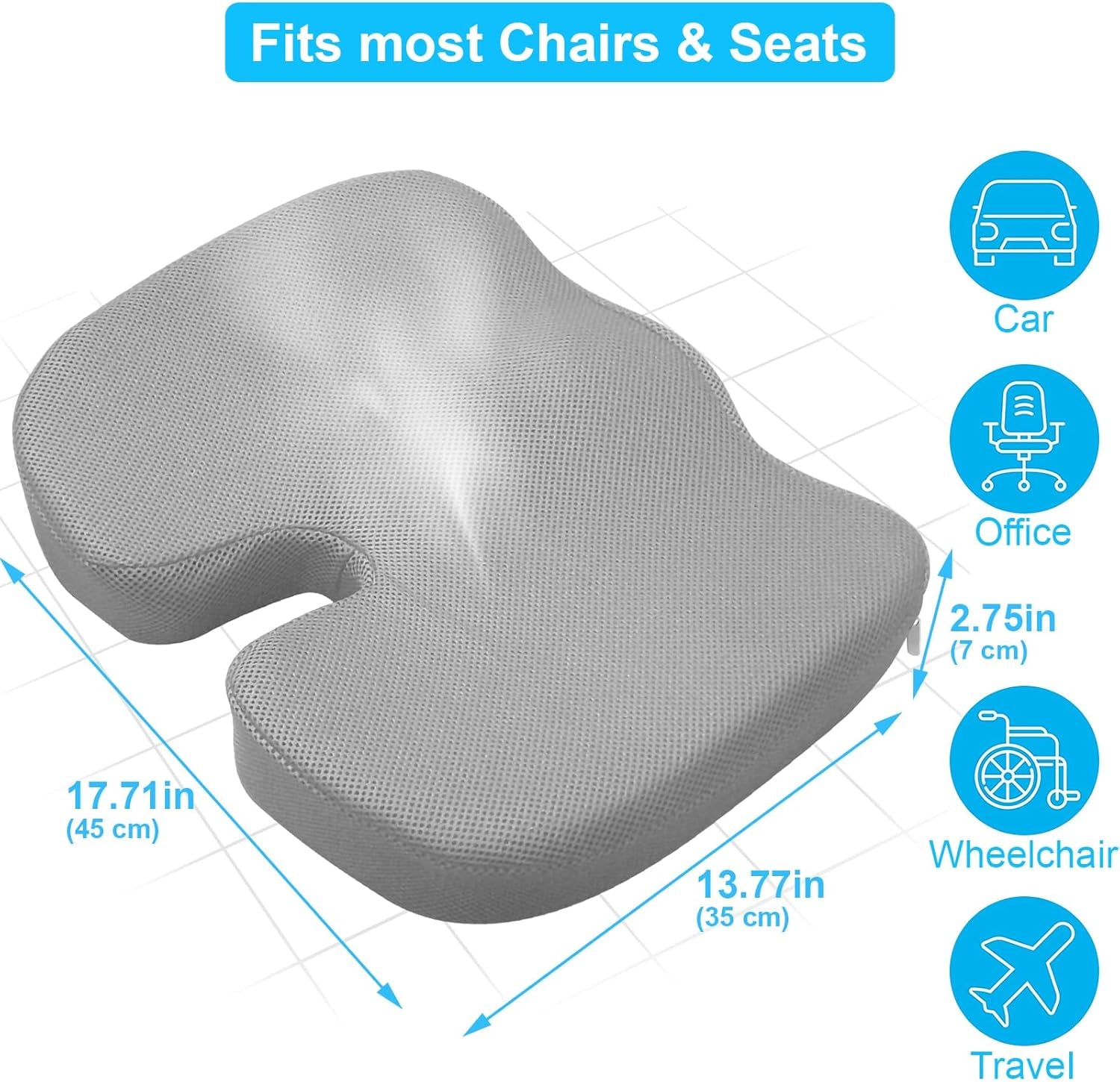 Memory Foam Seat Cushion, Back Support, Coccyx Sciatica Back Hip Pain Relief, Mat for Home, Office Chair, Gaming, Car, Wheelchair (Gray)